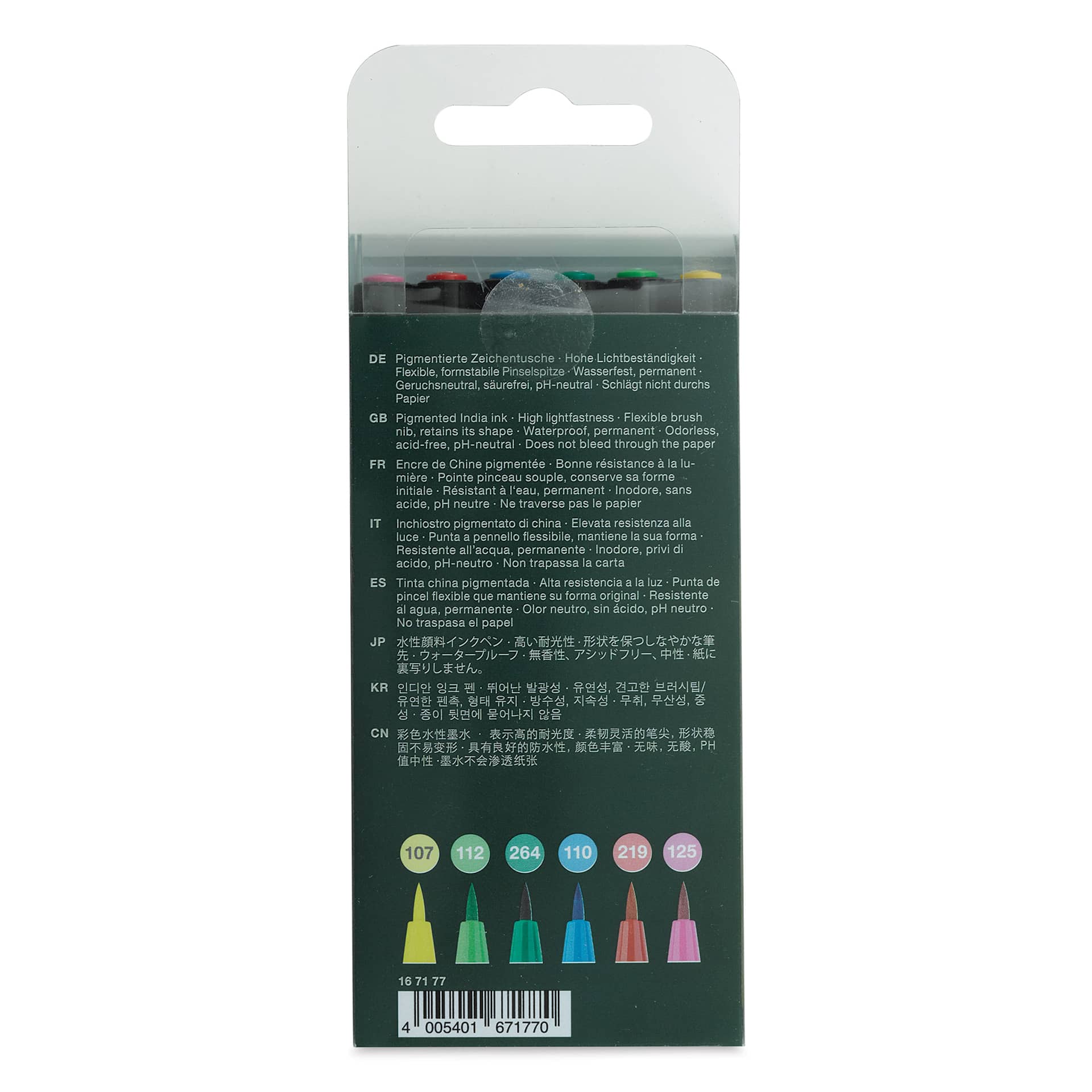 Faber-Castell Pitt Artist Pens- Springtime Colors, Set of 6, Brush Nib (back of package)