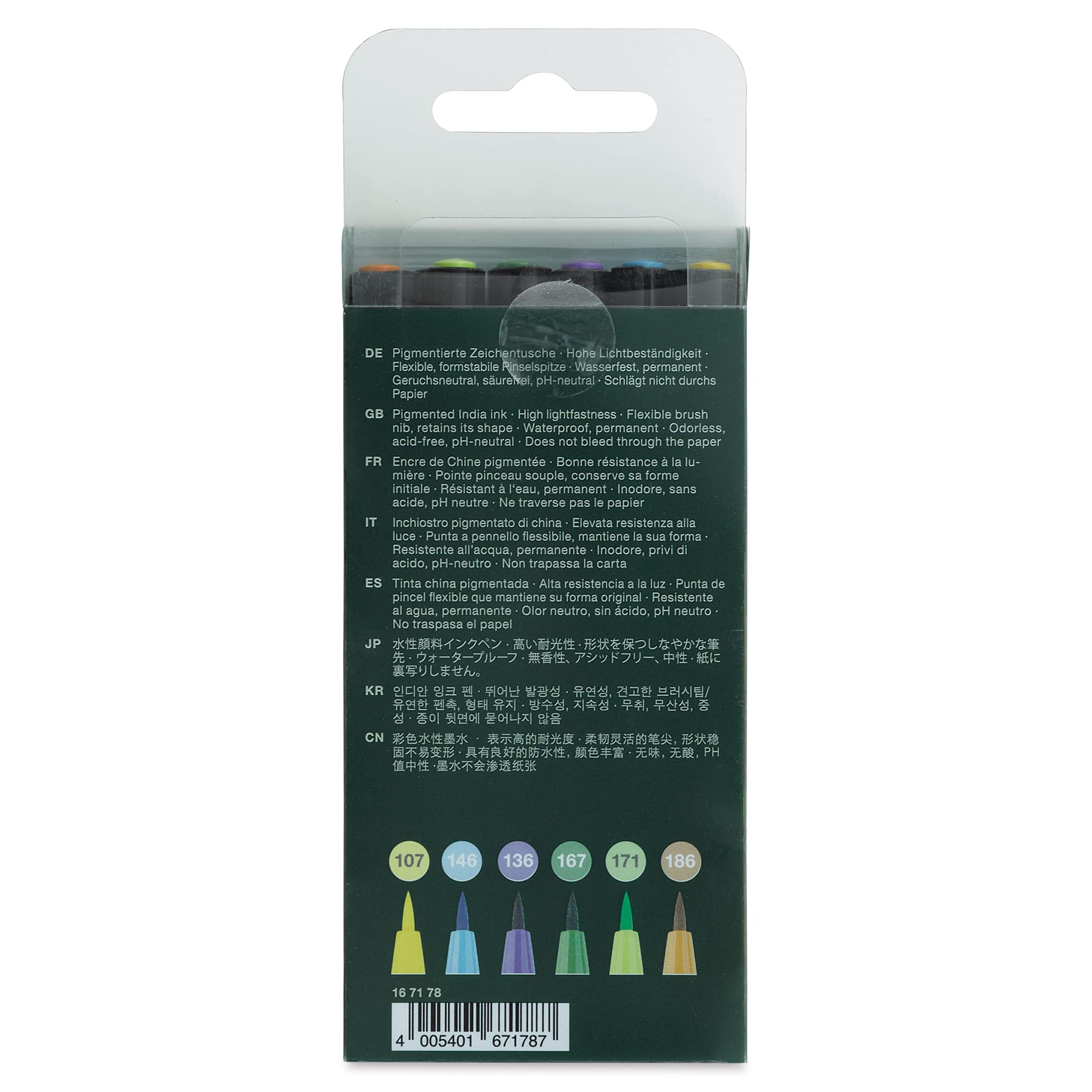 Faber-Castell Pitt Artist Pens- Summer Vibe Colors, Set of 6, Brush Nib (back of package)