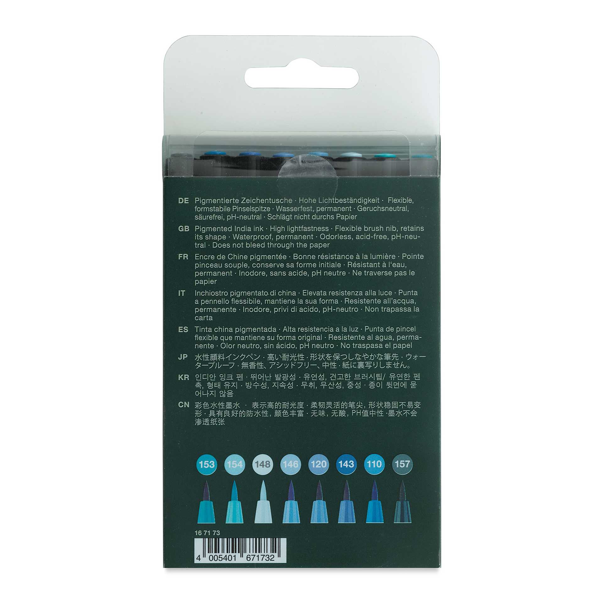 Faber-Castell Pitt Artist Pens- The Blues, Set of 7, Brush Nib (back of package)