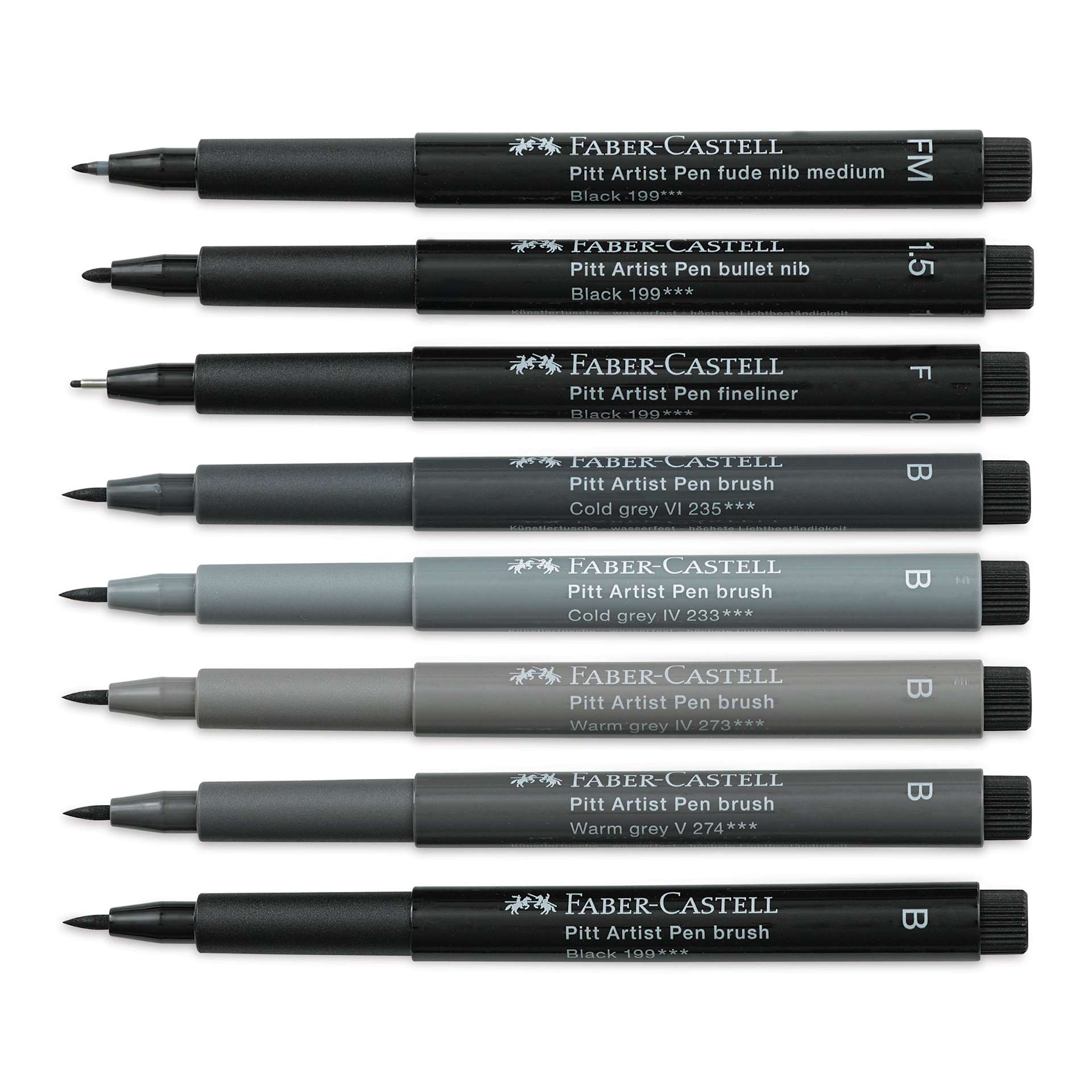 Faber-Castell Pitt Artist Pens- Black and Gray, Set of 8, Assorted (pens with caps removed)