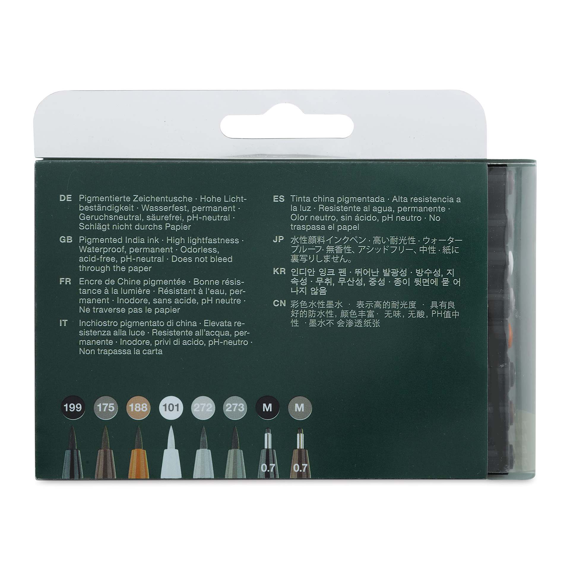 Faber-Castell Pitt Artist Pens- Classic, Set of 8, Assorted (back of package)
