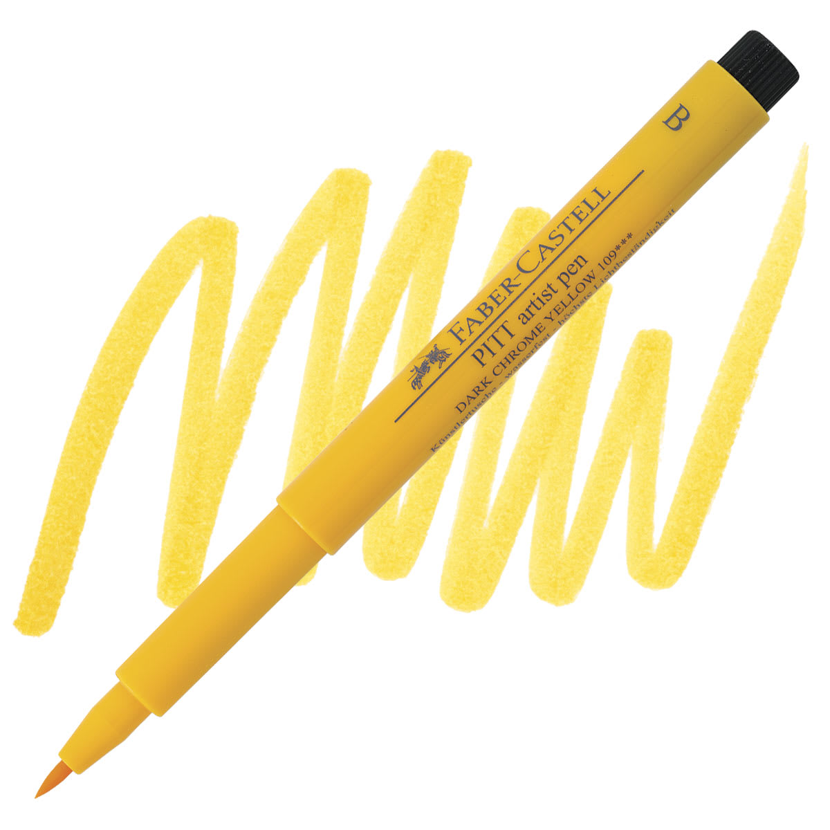 Faber-Castell Pitt Artist Pen - Dark Chrome Yellow, Brush Nib pen and swatch