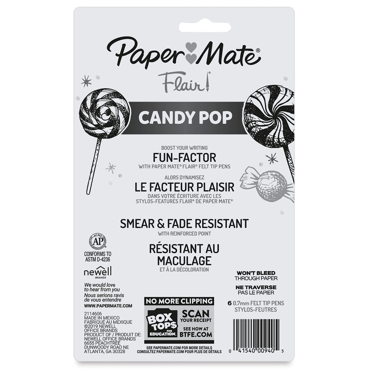 Paper Mate Flair Guard Pens - Candy Pop Colors, Set of 6, Medium tip Back of package