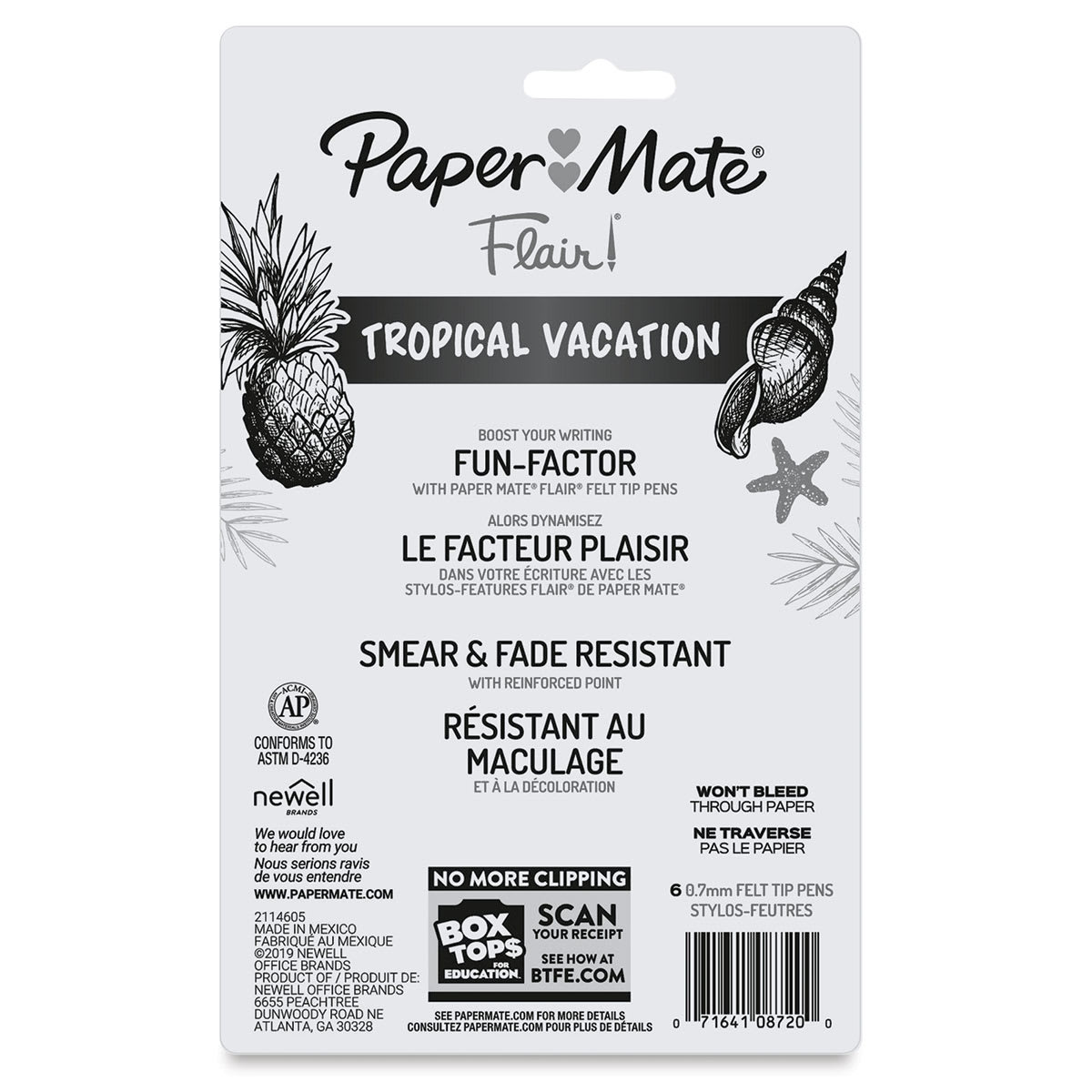 Paper Mate Flair Guard Pens - Tropical Colors, Medium Tip, Set of 6 Back of the package