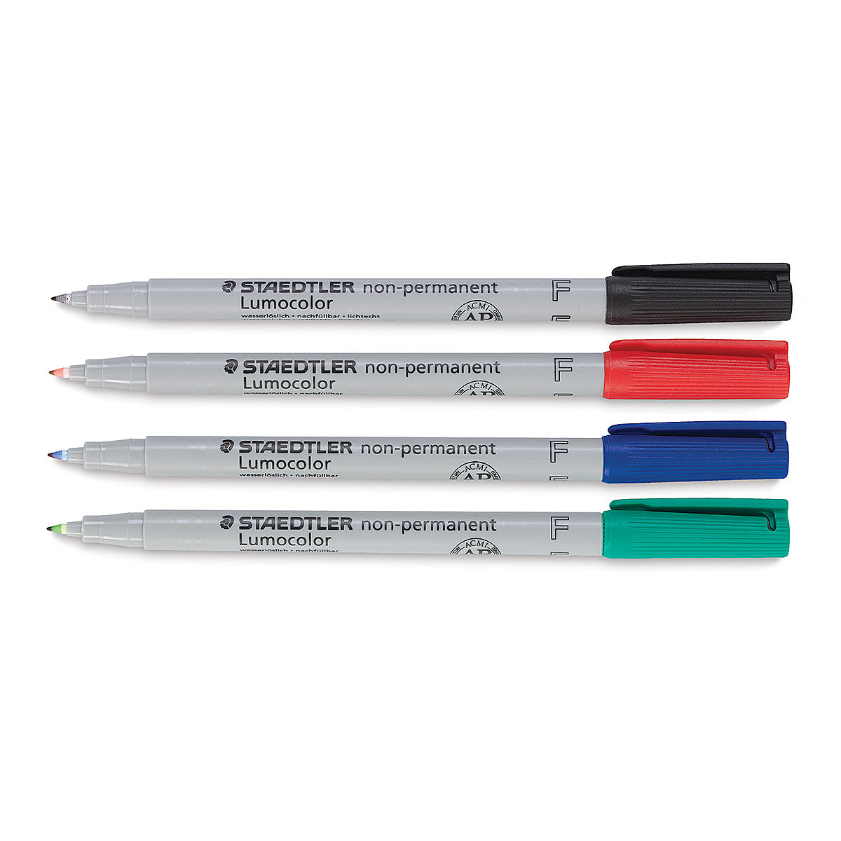 Staedtler Lumocolor Non-Permanent Markers - Set of 4 Fine Markers shown horizontally and uncapped