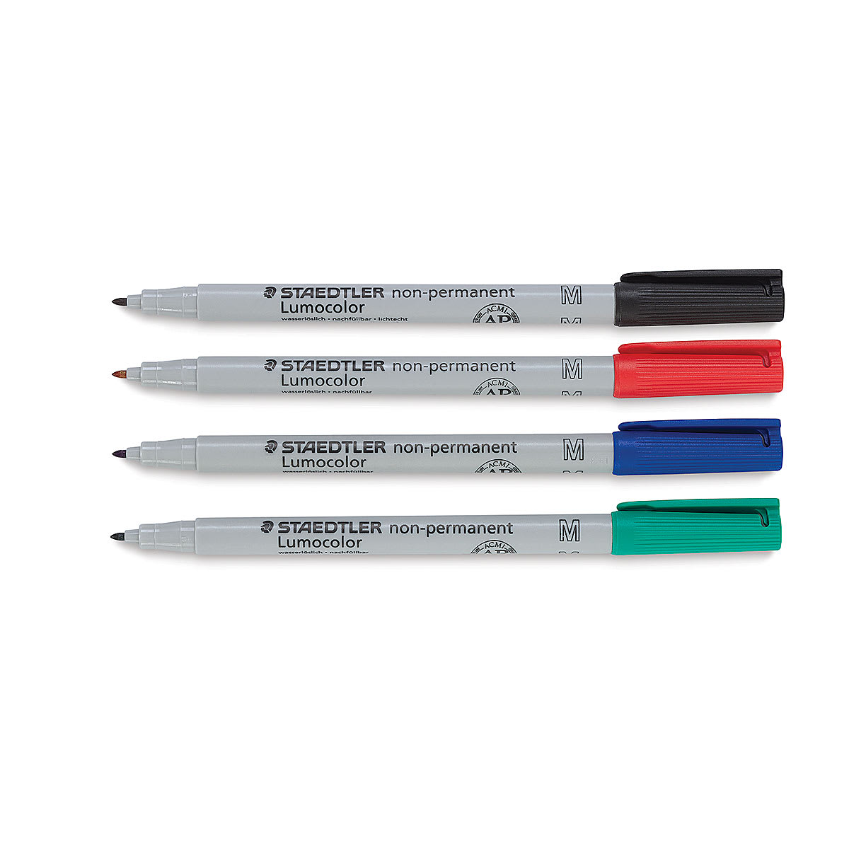 Staedtler Lumocolor Non-Permanent Markers - Set of 4 Medium Markers shown horizontally and uncapped