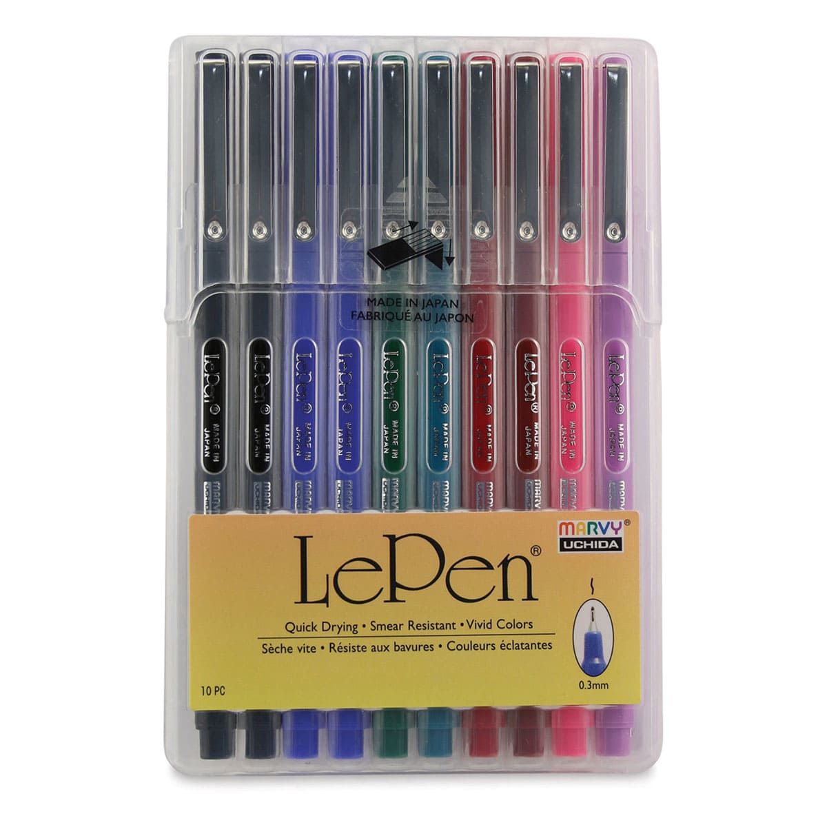 Marvy Uchida LePen Fine Line Marker Set - Basic Colors, Set of 10, front of the packaging