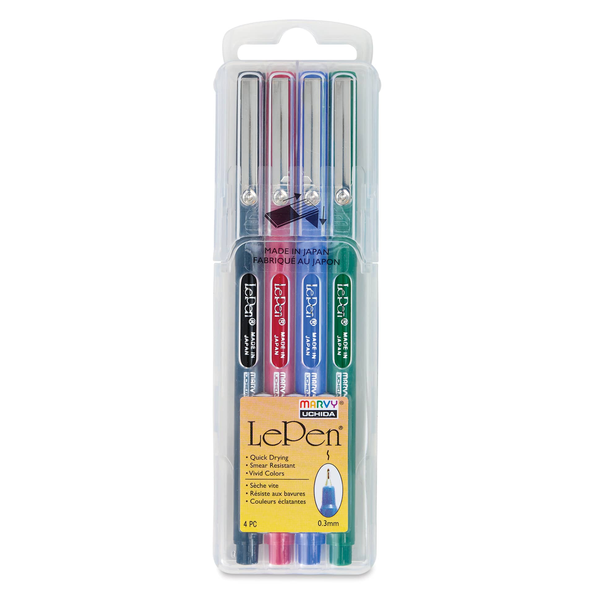 Marvy Uchida LePen Fine Line Marker Set  - Primary Colors, Set of 4, front of the packaging