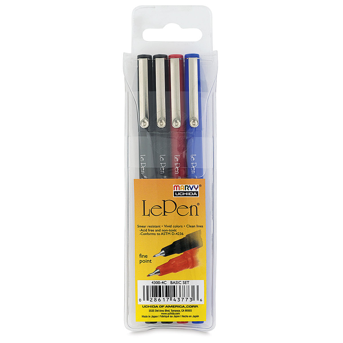 Marvy Uchida LePen Fine Line Marker Set  - Basic Colors, Set of 4, front of the packaging
