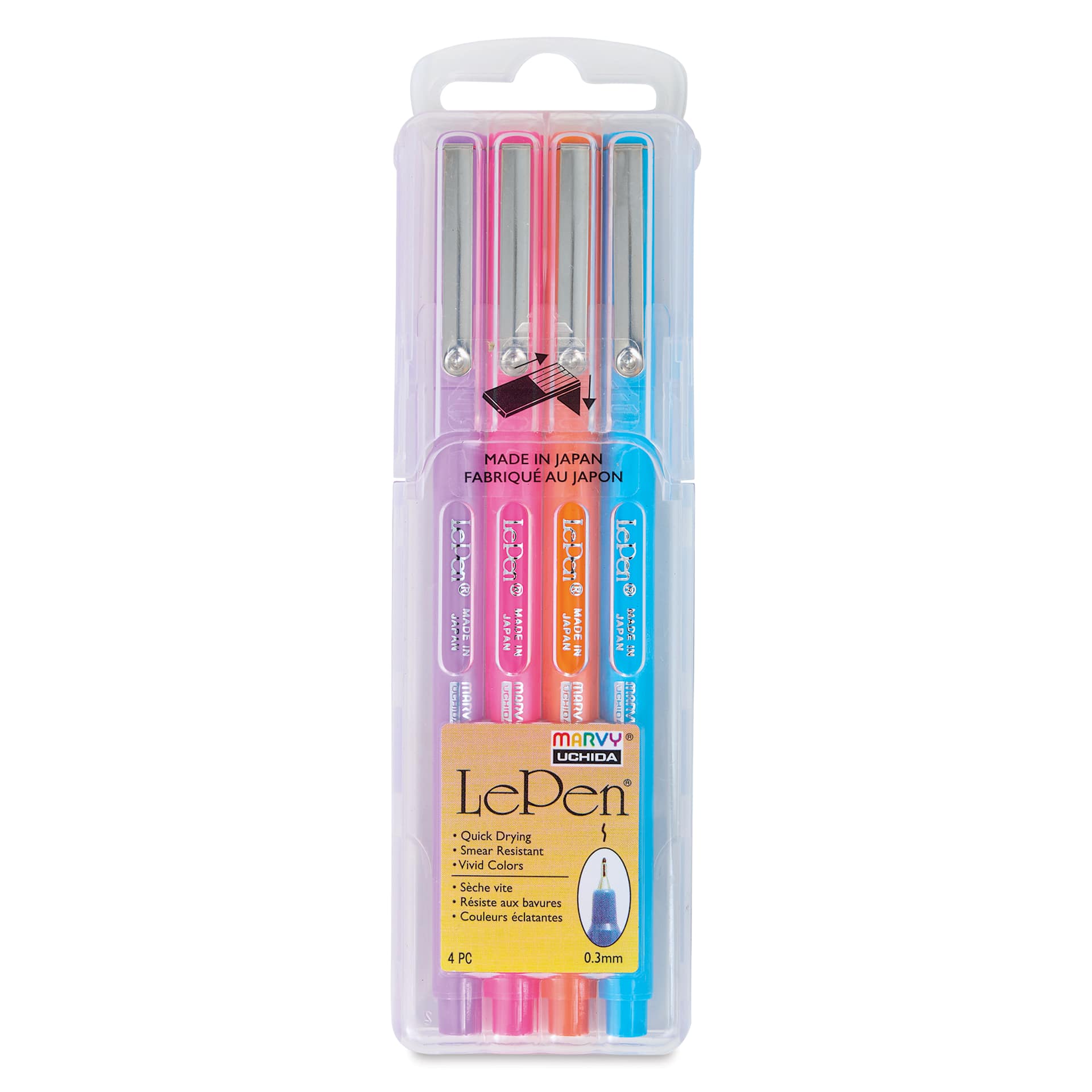 Marvy Uchida LePen Fine Line Marker Set  - Brilliant Colors, Set of 4, front of the packaging