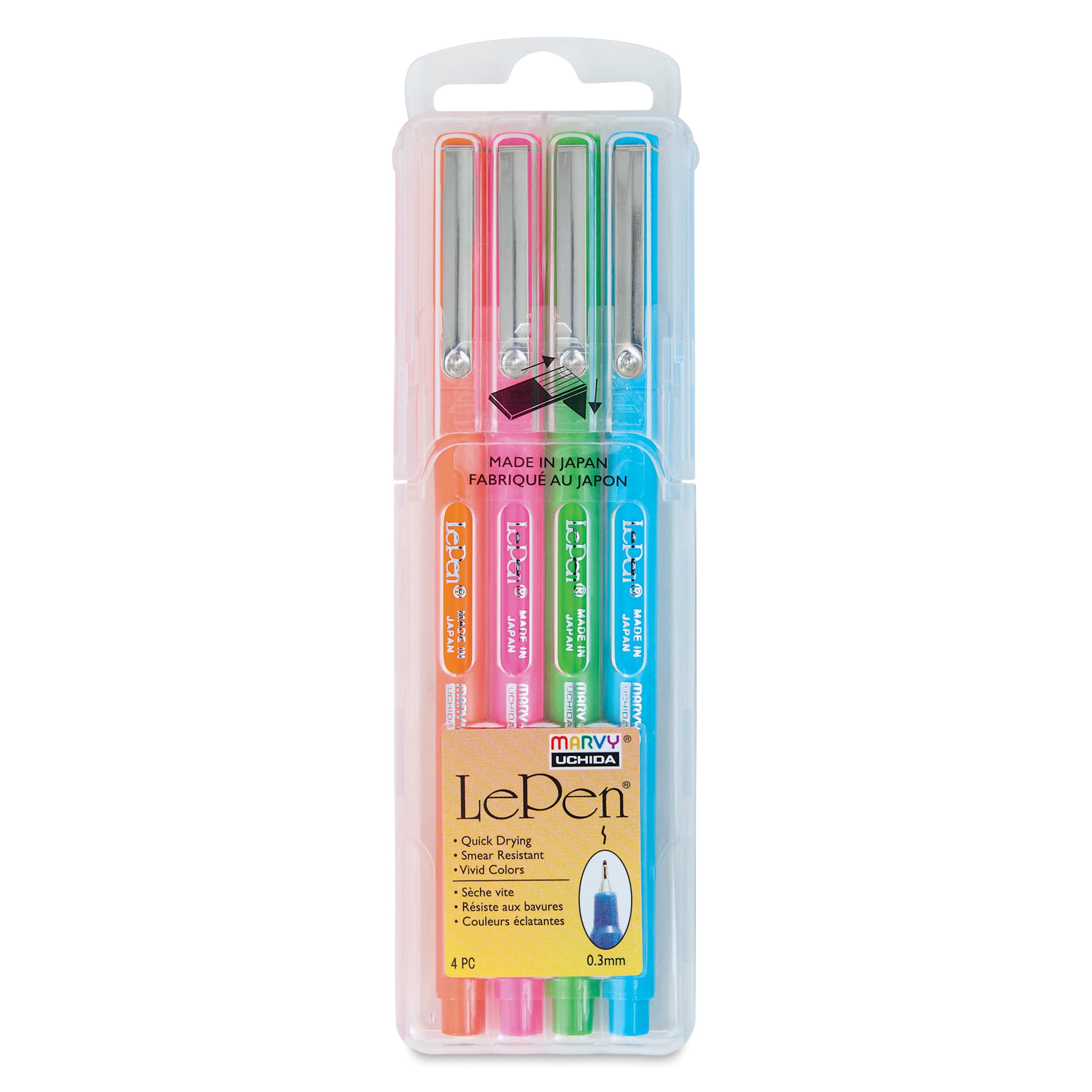 Marvy Uchida LePen Fine Line Marker Set  - Bright Colors, Set of 4, front of the packaging