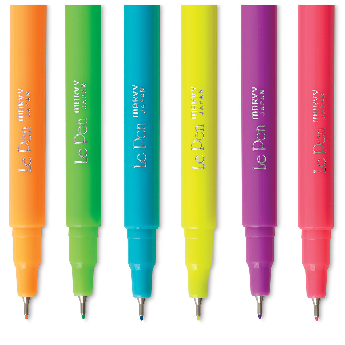 Marvy Uchida LePen Fine Line Marker Set  - Neon Colors, Set of 6, close-up of the nibs
