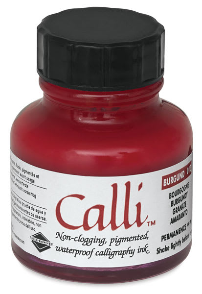 Daler-Rowney Calli Calligraphy Inks - Front of 1 oz bottle of Burgundy Ink 