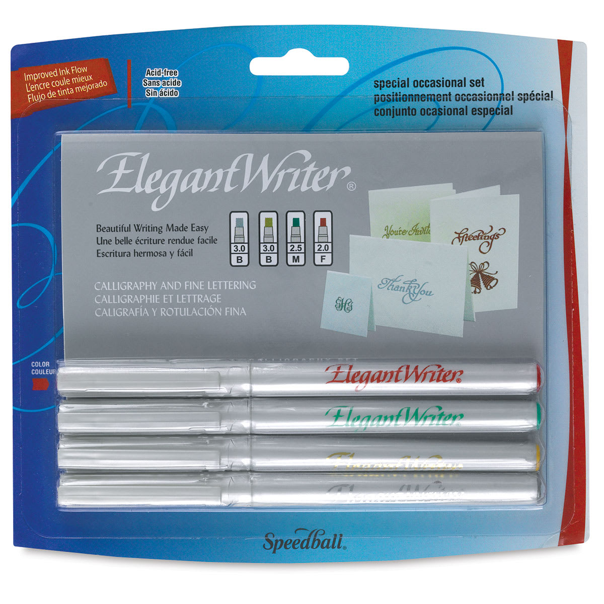 Speedball Elegant Writer Calligraphy Markers Sets - Front of Blister package of 4 Assorted colors