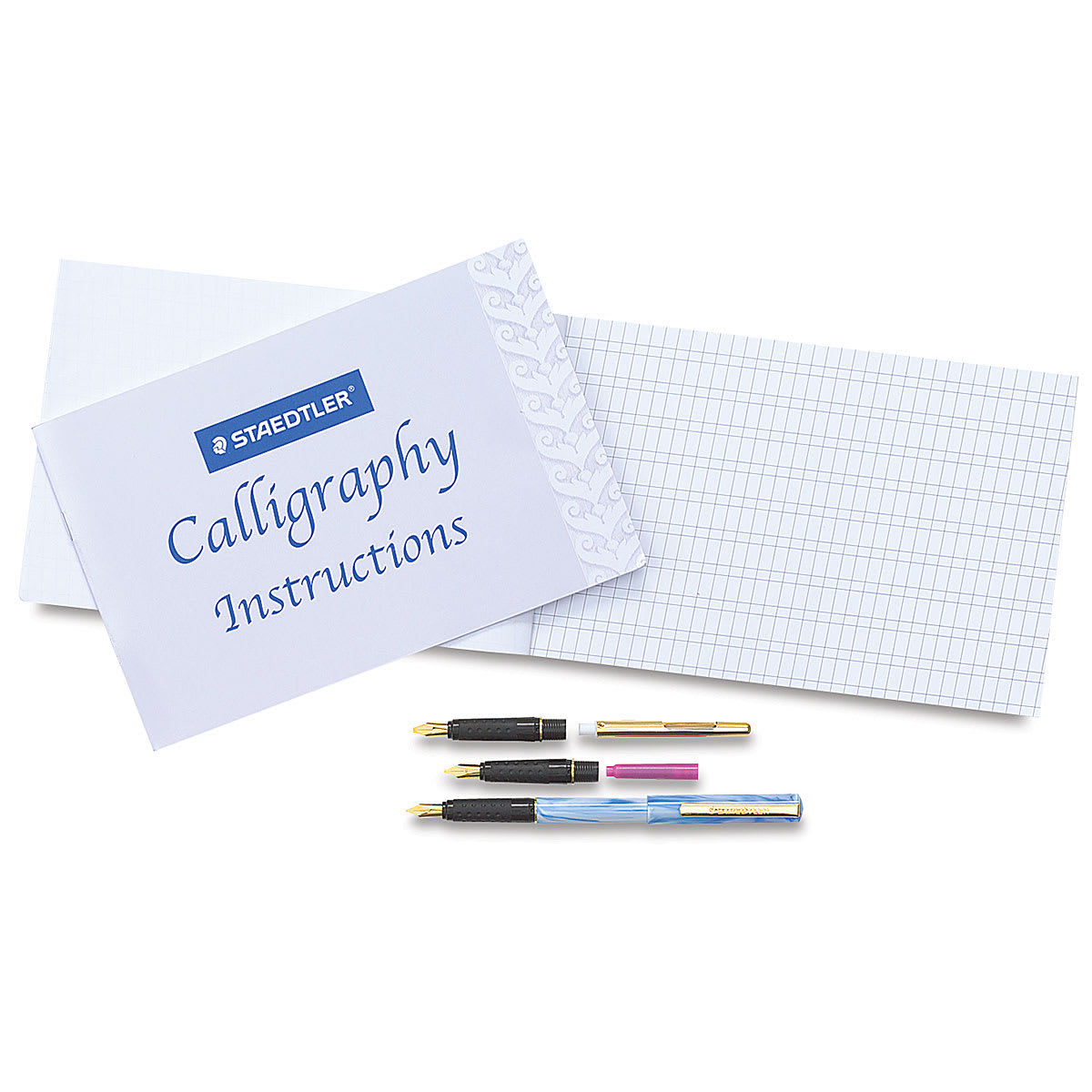 Calligraphy Pen Set - Top view of practice pad, instructions and assorted pens