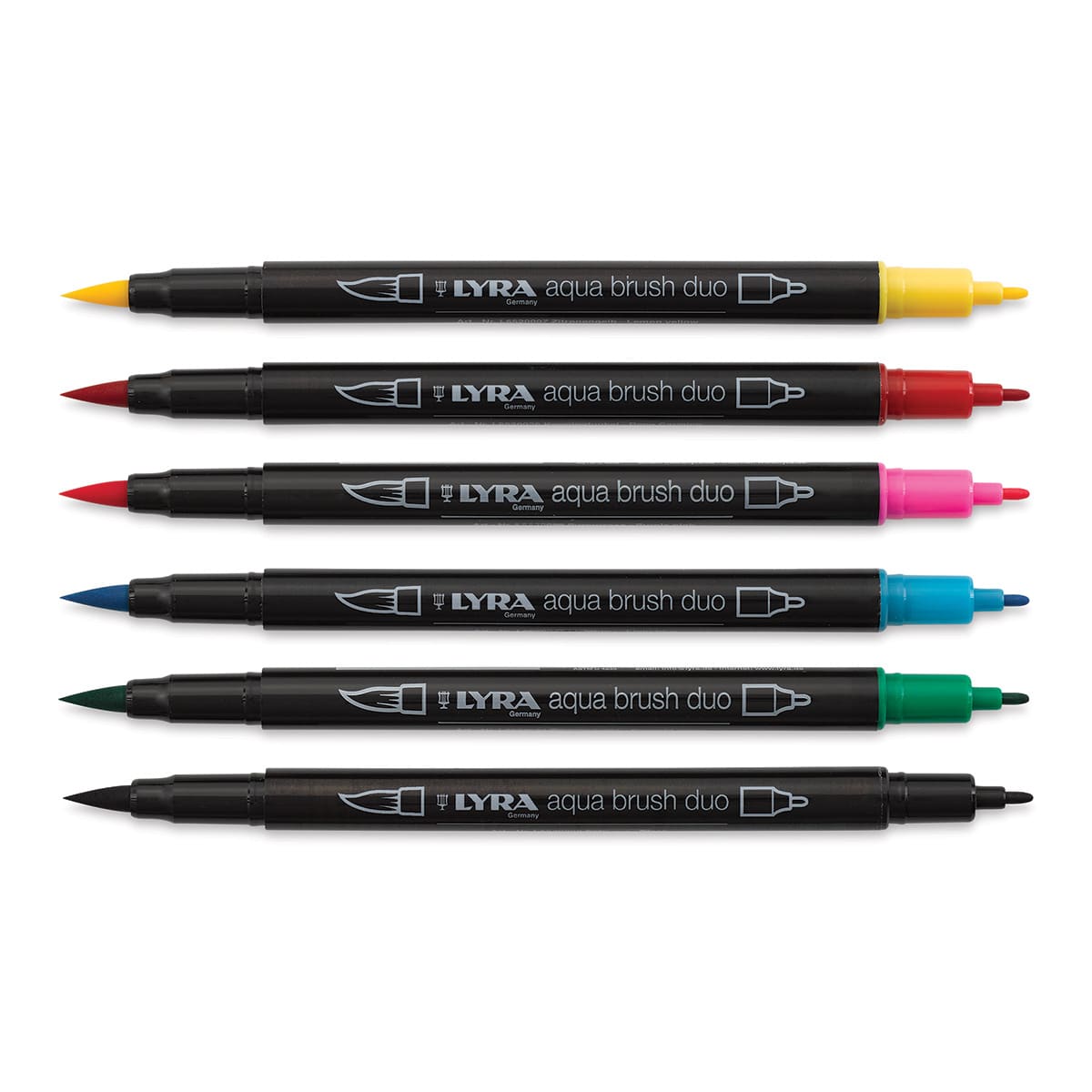 Lyra Aqua Brush Duo Markers - Components of 6 pc set shown horizontally with dual caps off