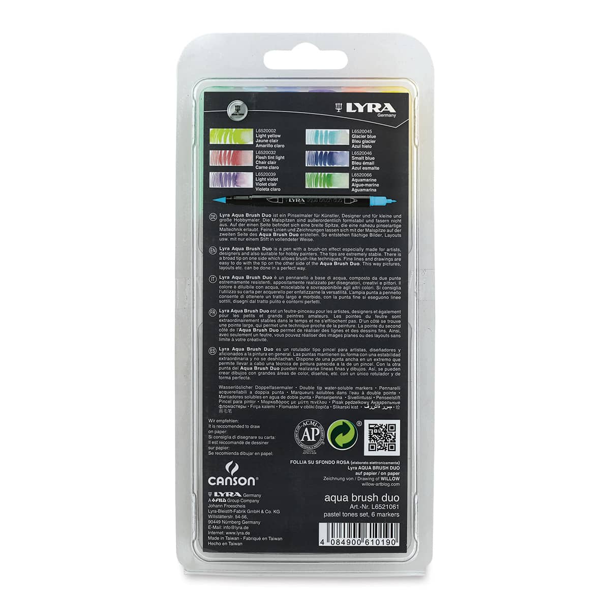 Lyra Aqua Brush Duo Markers - Pastel Colors, Set of 6 (back of package)
