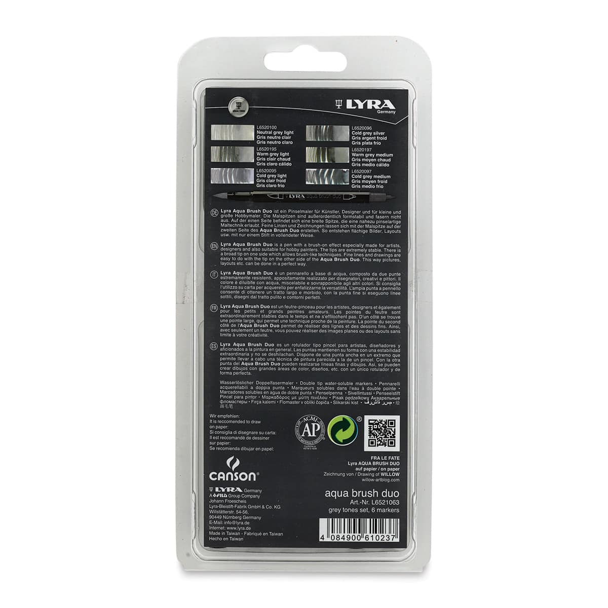 Lyra Aqua Brush Duo Markers - Grey Colors, Set of 6 (back of package)
