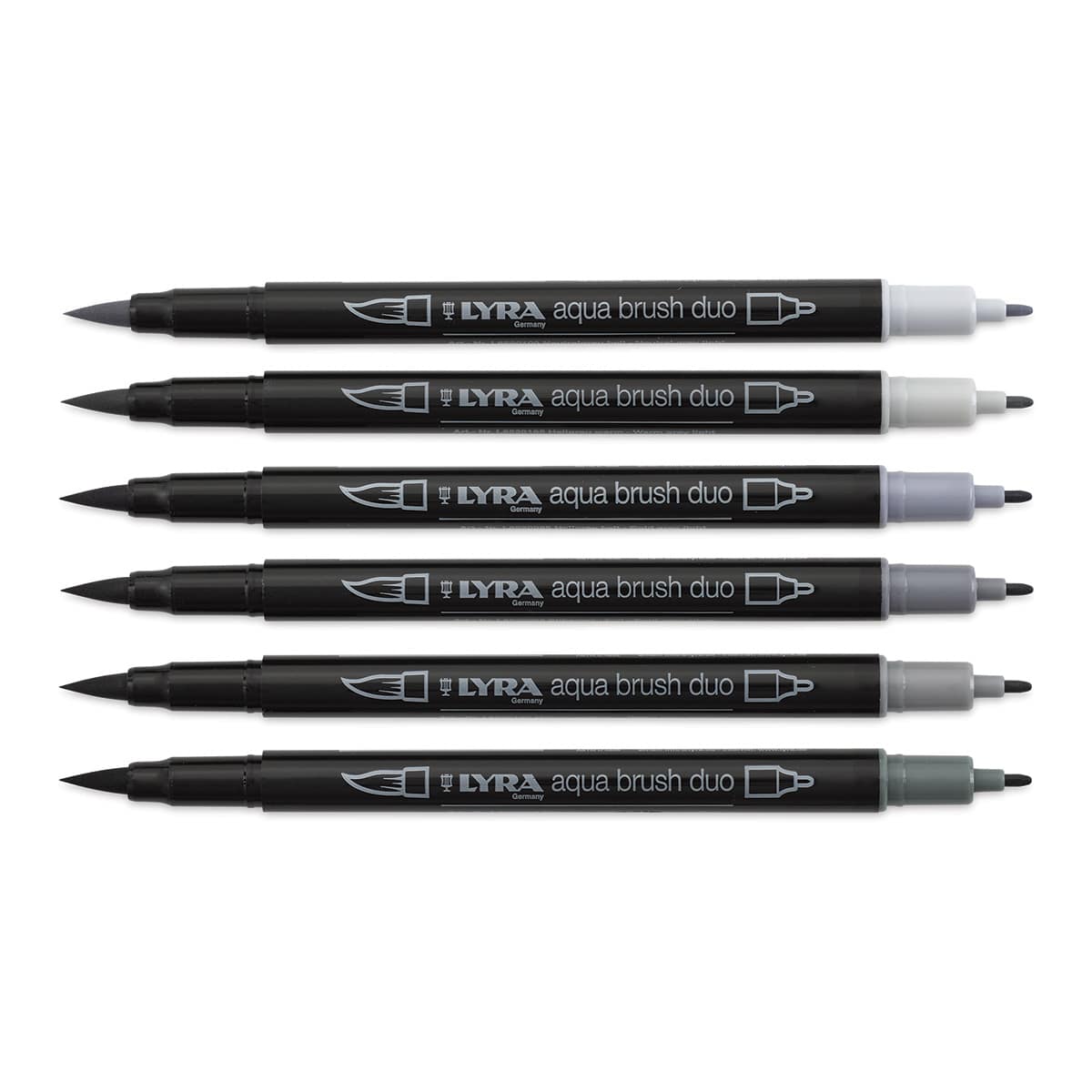 Lyra Aqua Brush Duo Markers - Grey Colors, Set of 6 (markers with caps off)