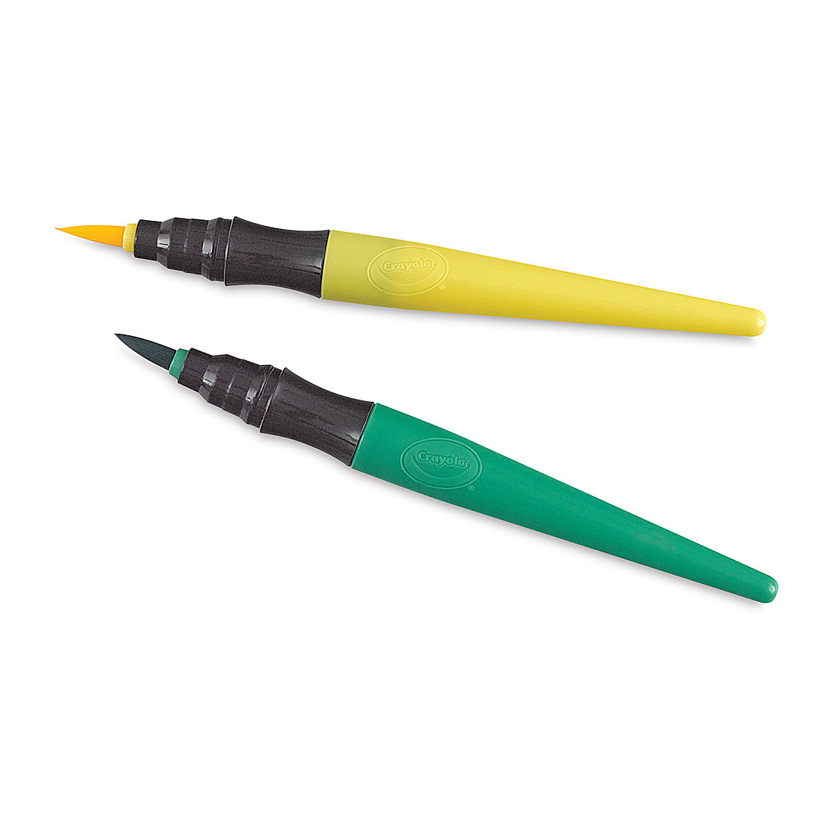 Crayola No Drip Washable Paint Brush Pens - Green and Yellow pens shown uncapped at angle