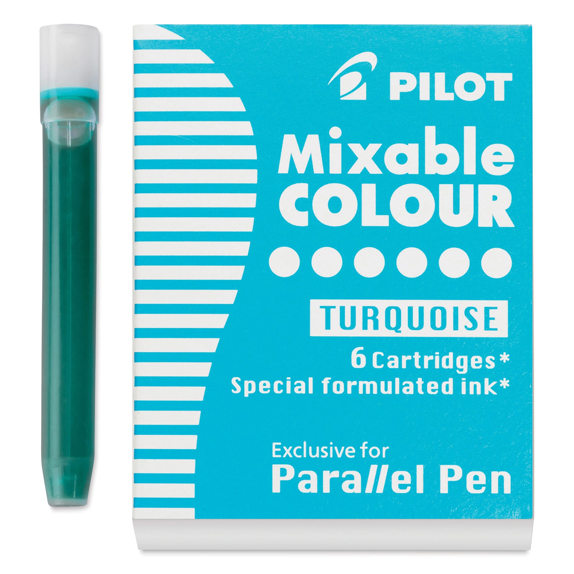 Pilot Parallel Pen Mixable Colour Ink Refills - Turquoise, single cartridge next to packaging