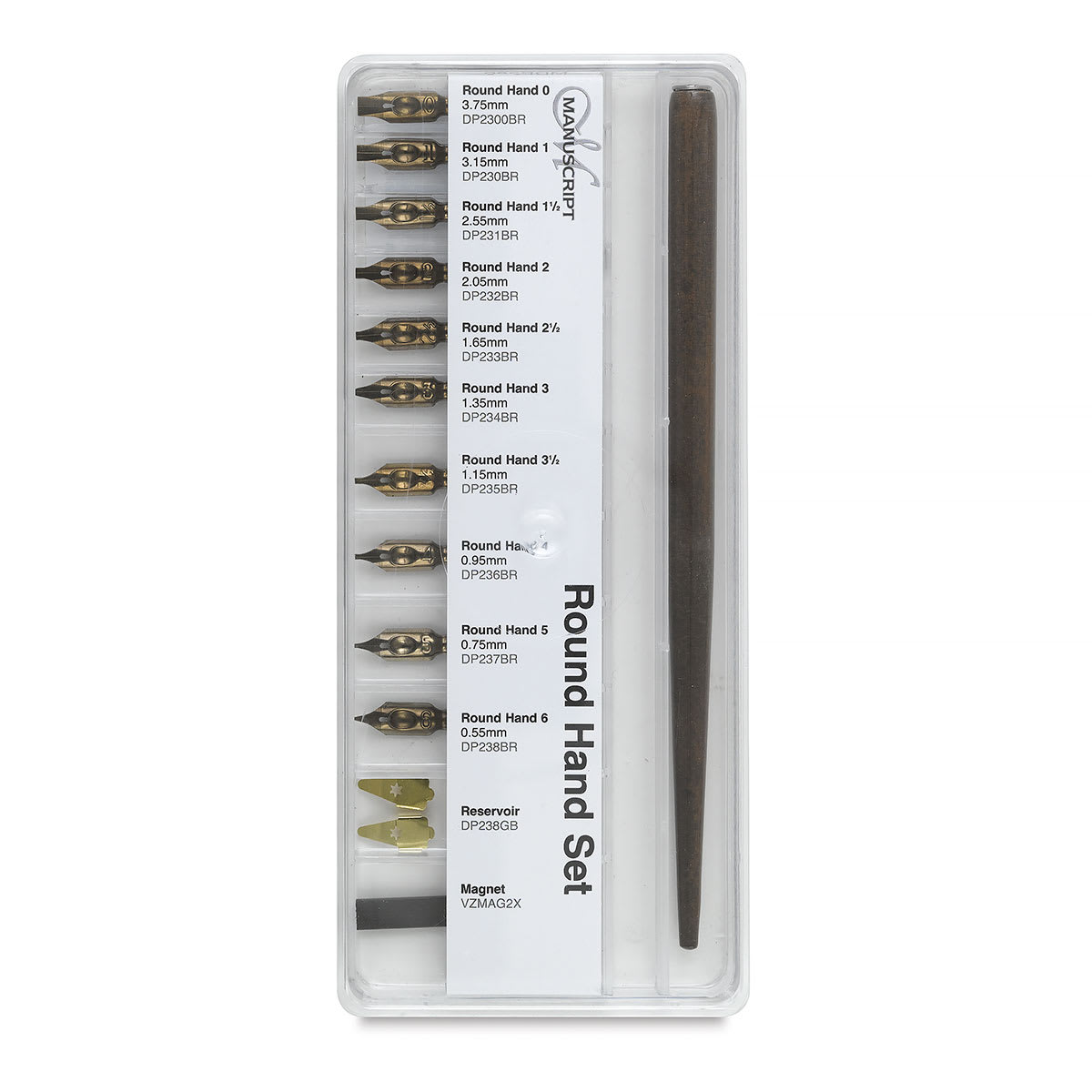 Manuscript Nib Sets - Front view of Roman Round Hand Nib set in packaging showing components