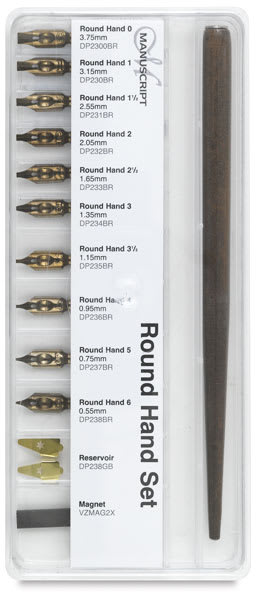 Manuscript Nib Sets - Closeup of Roman Round Hand Nib set in packaging showing components