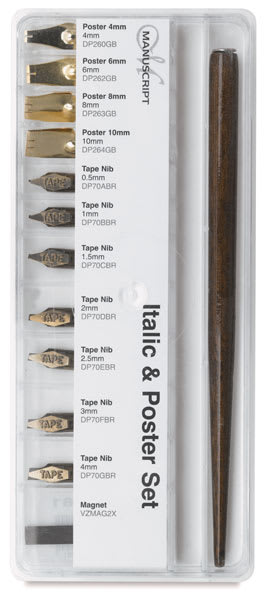 Manuscript Nib Sets - Closeup of Italic Nib set in packaging showing components