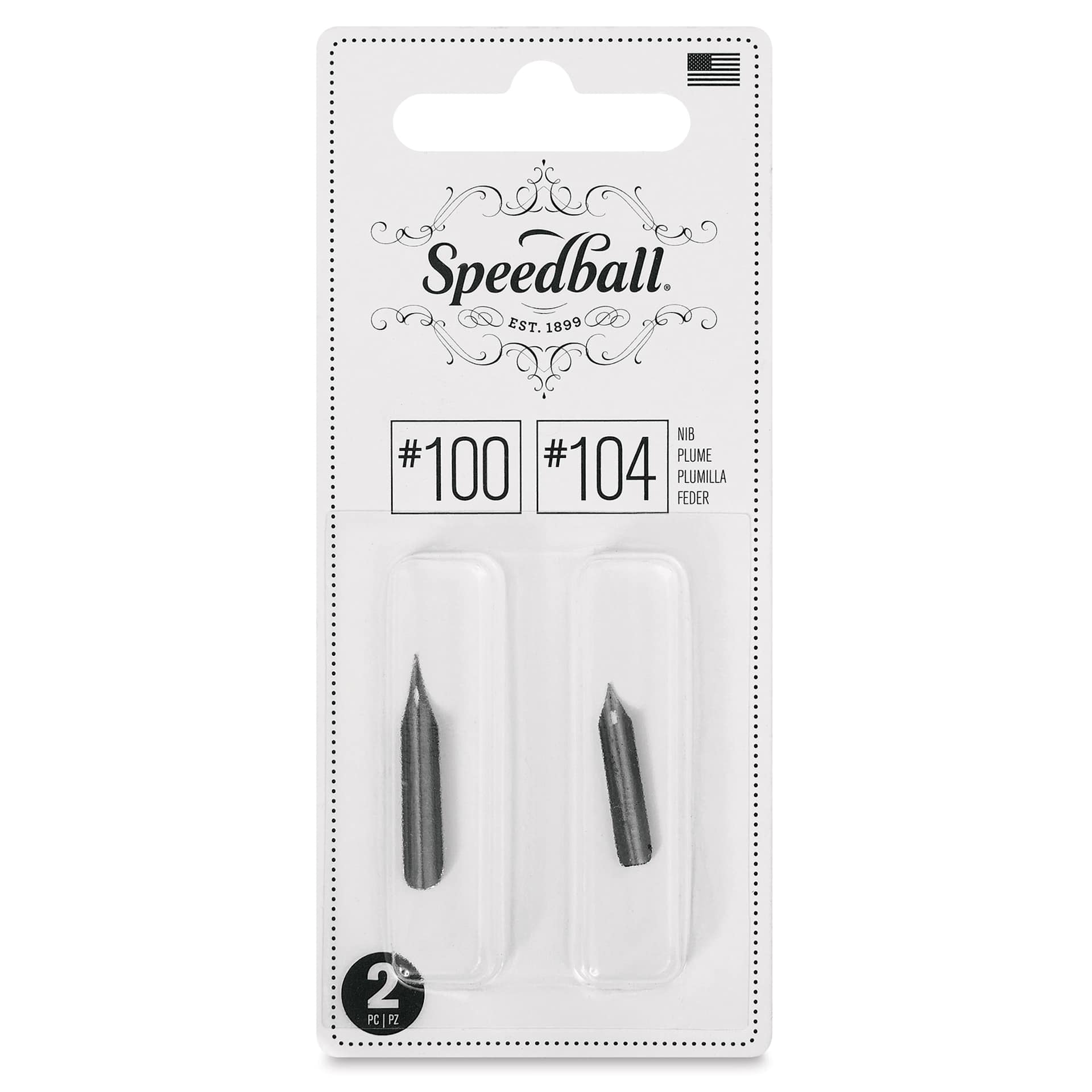 Speedball Hunt Fine Point Pen Nib - #100 Artist Round and #104 Finest Drawing, front of packaging