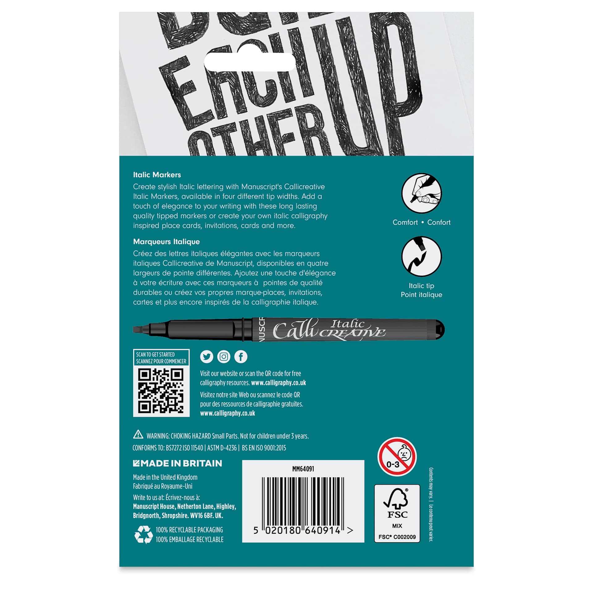 Manuscript CalliCreative Italic Marker - Black, Assorted, Pkg of 4, back of the packaging