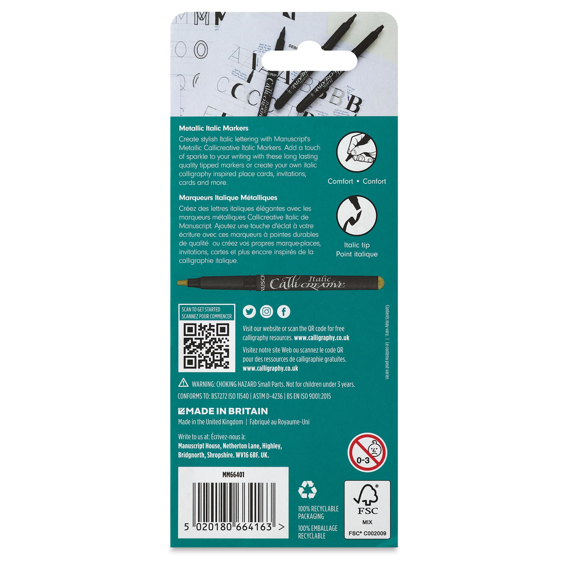 Manuscript CalliCreative Italic Marker- Gold and Silver, Pkg of 2, back of the packaging