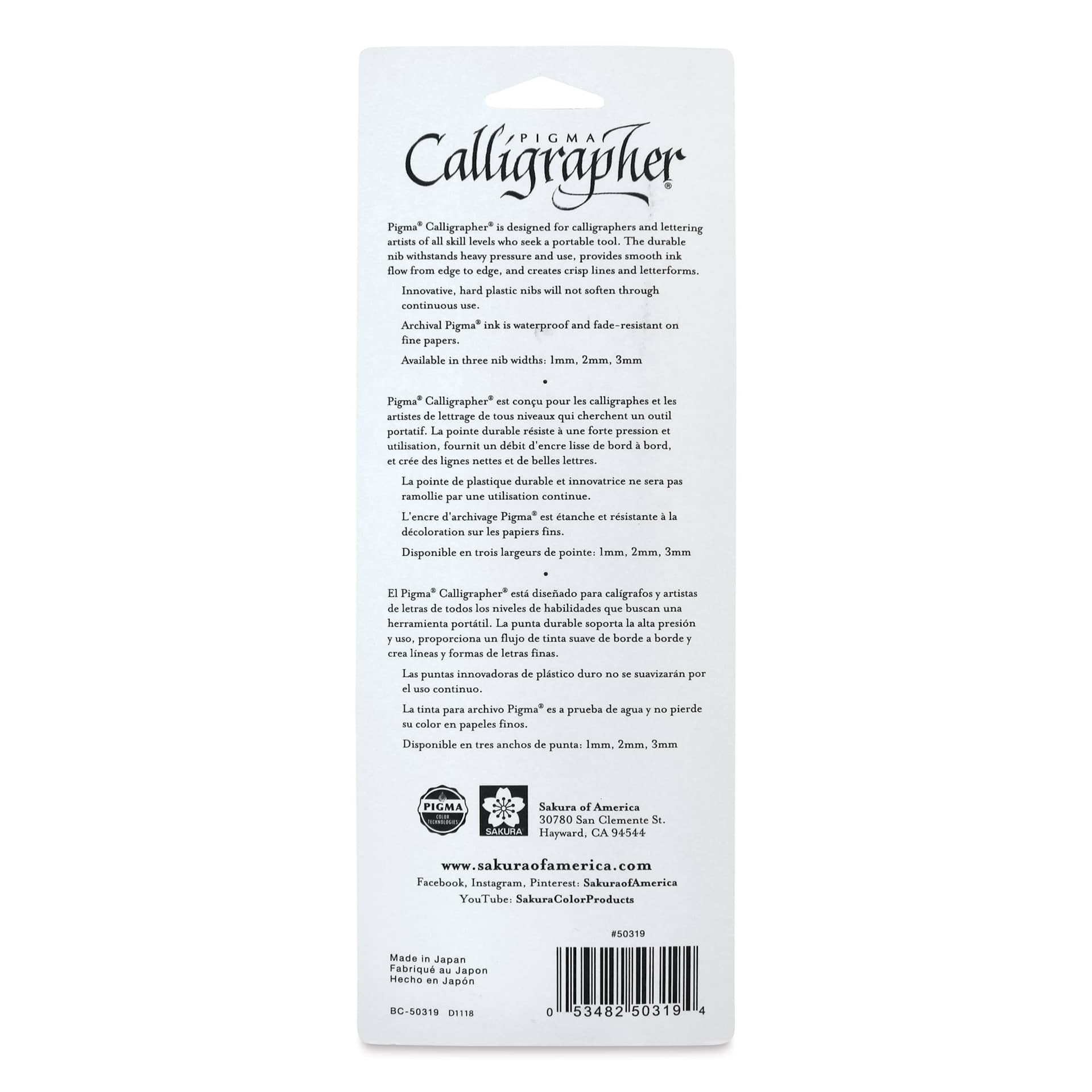 Sakura Pigma Calligrapher Pens - Set of 3, Black, Assorted sizes, back of packaging