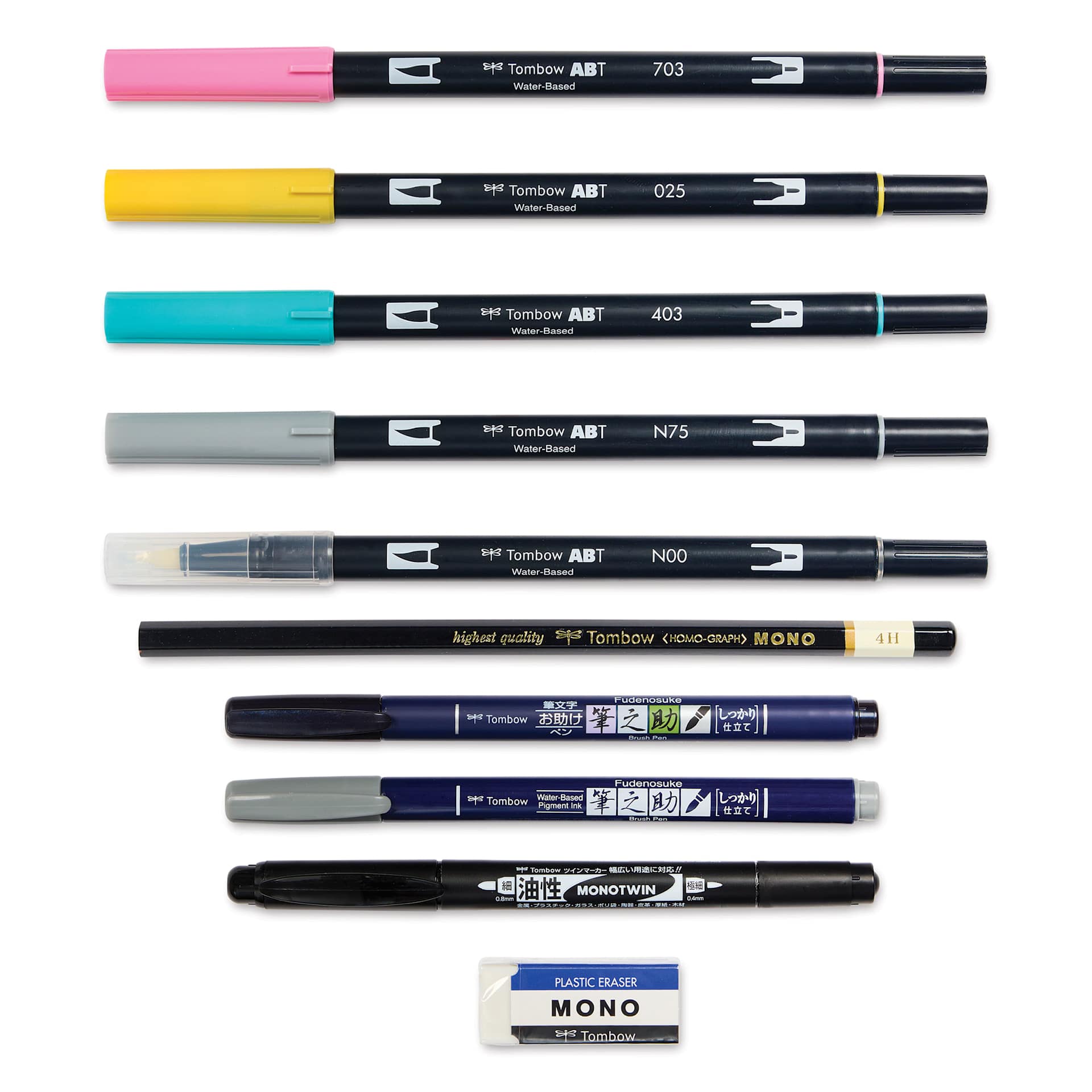 Tombow Lettering in Color Set, pens and markers with caps on, contents outside of the packaging Tombow Lettering in Color Set, pens and markers with caps on, contents outside of the packaging