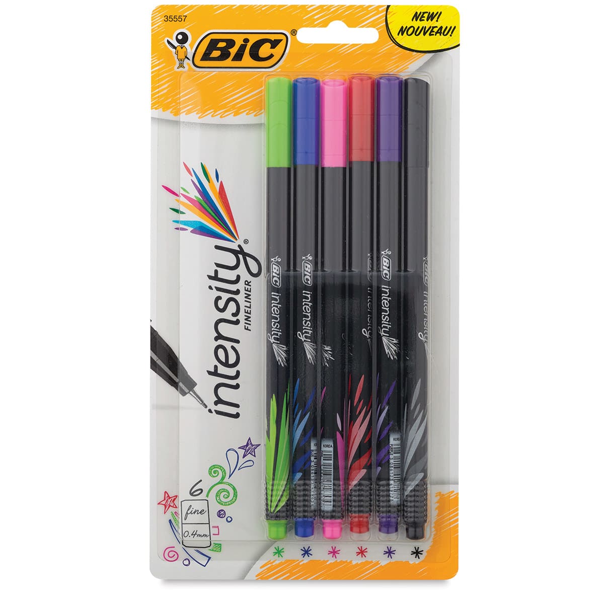 Bic Intensity Fineliner Marker Pen Sets - Front of blister package of 6 pc Assorted Colors Pen set