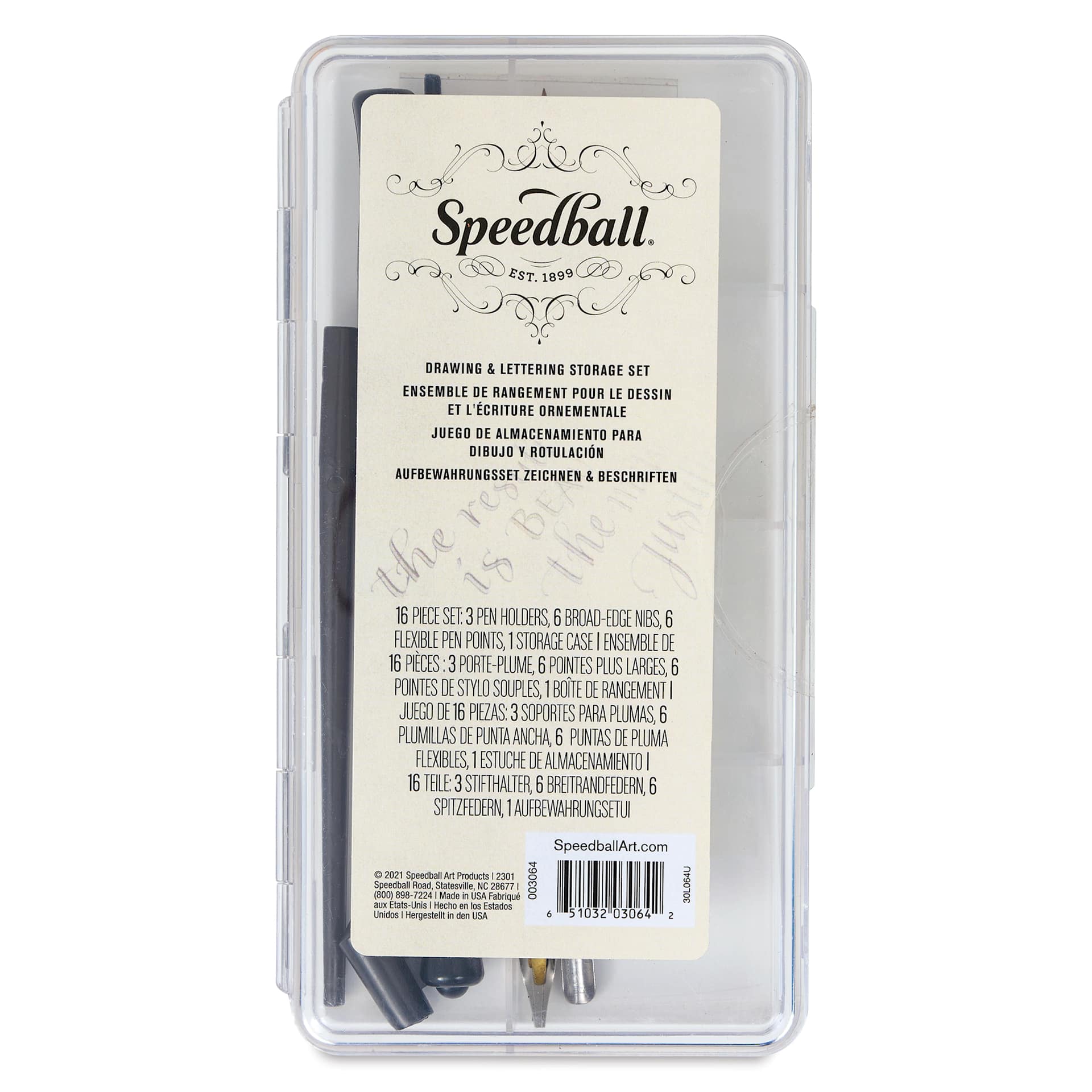 Speedball Calligraphy Storage Set - Drawing and Lettering, back of the storage box