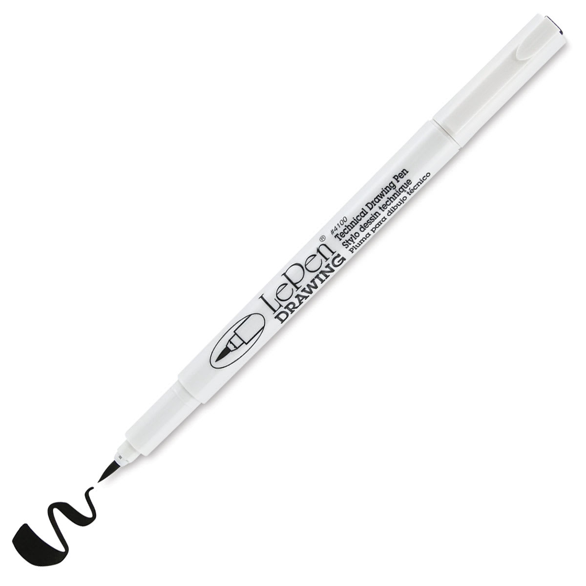 Marvy Uchida LePen Technical Drawing Pen - Black, Brush Tip (cap off with example swatch)