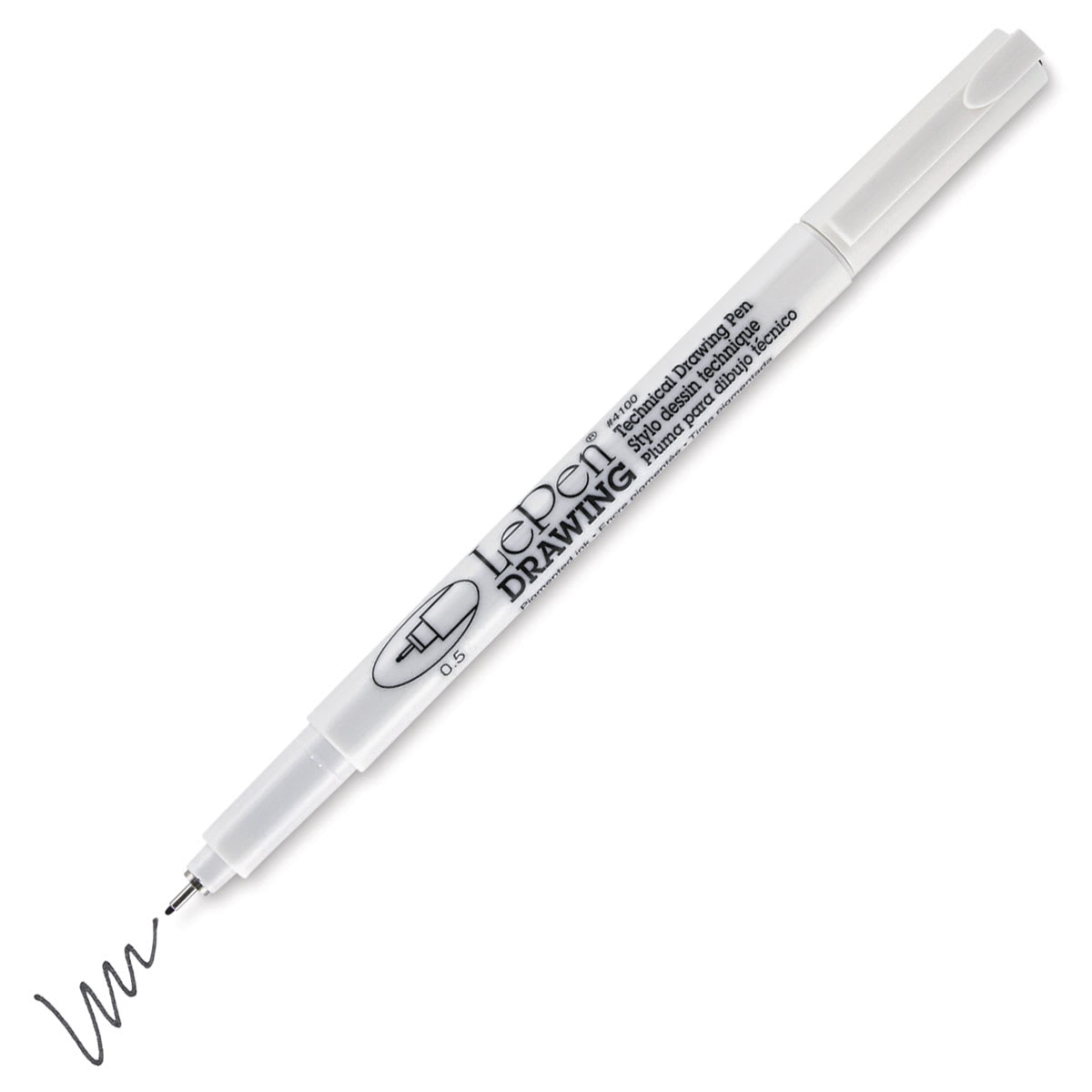 Marvy Uchida LePen Technical Drawing Pen - 0.5 mm Tip, Black (cap off with example swatch)