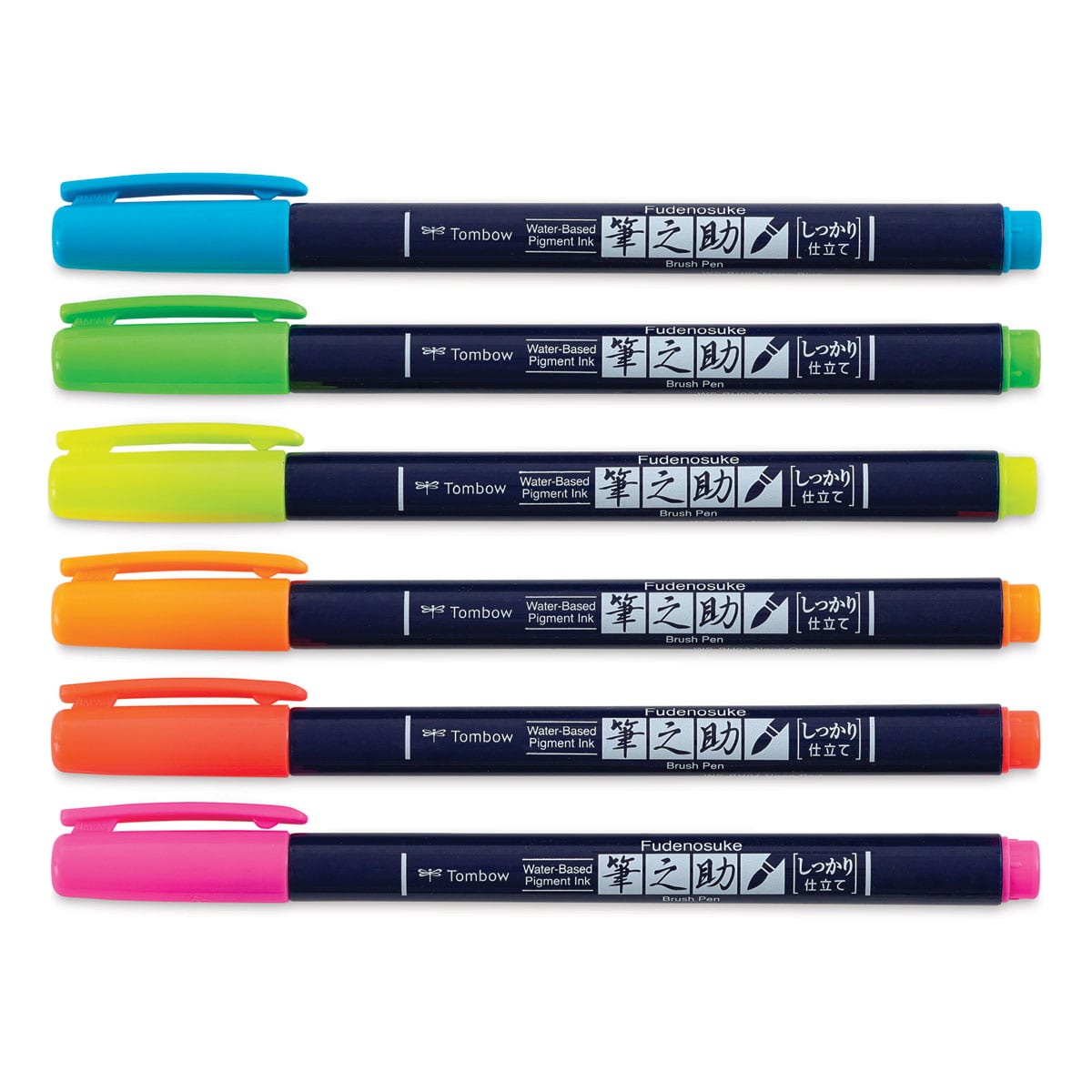 Tombow Fudenosuke Brush Pens - Set of 6, Neon Colors (markers with caps on)