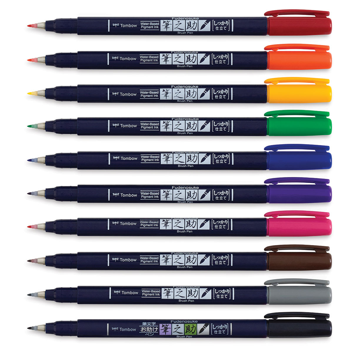 Tombow Fudenosuke Brush Pens - Set of 10, Assorted Colors, Full view of brushes
