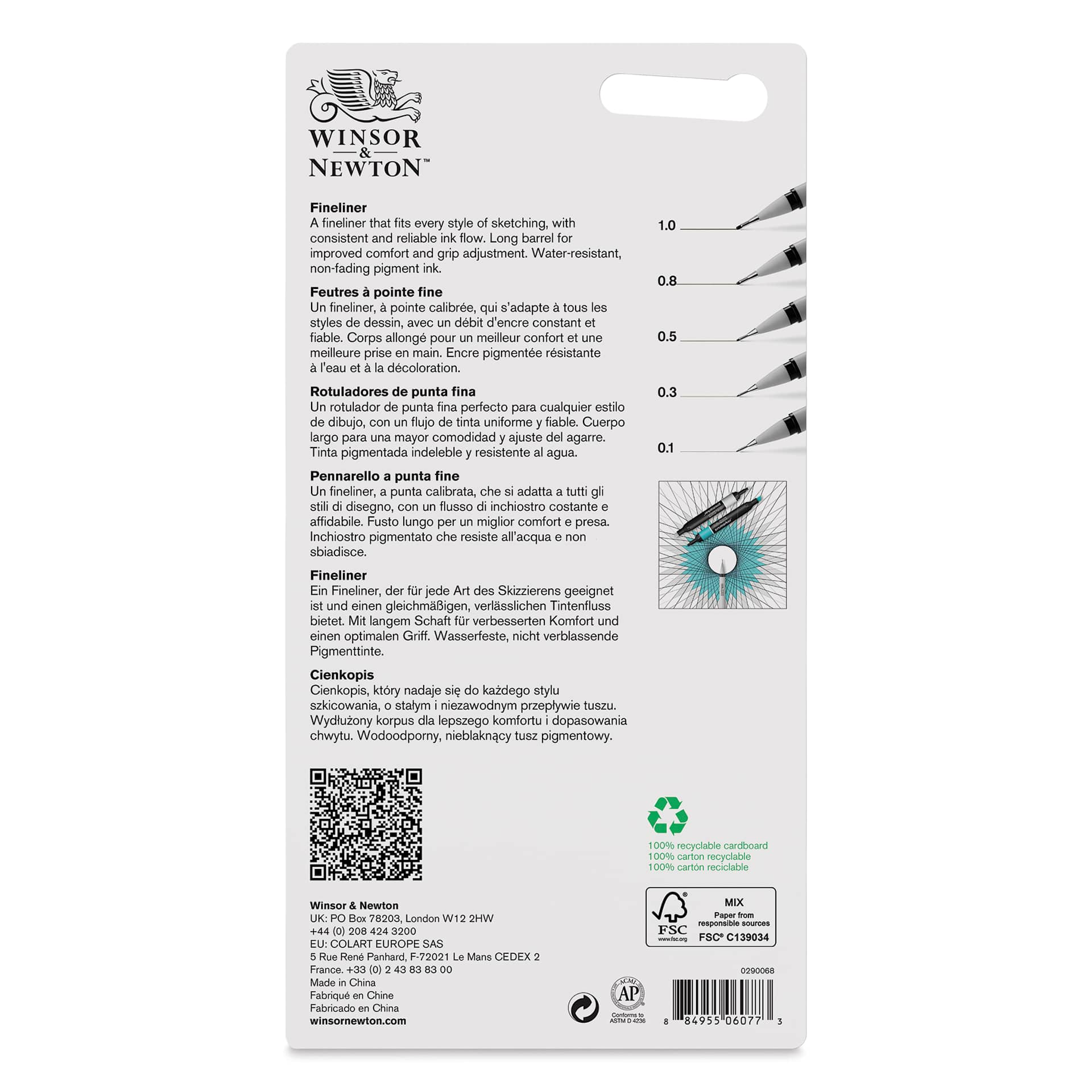 Winsor & Newton Fineliner - Black, Set of 5, back of the packaging