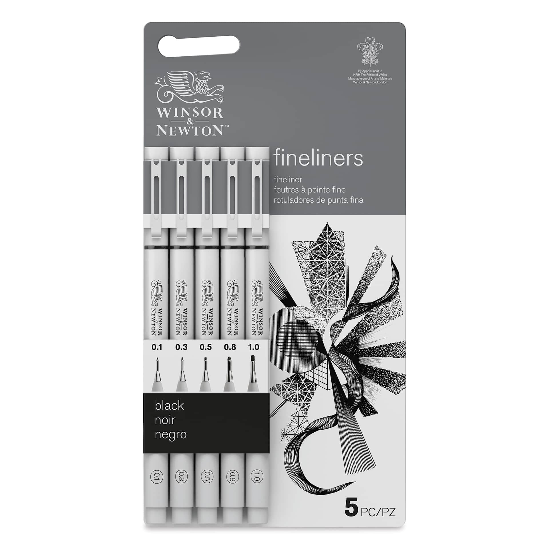Winsor & Newton Fineliner - Black, Set of 5, front of the packaging