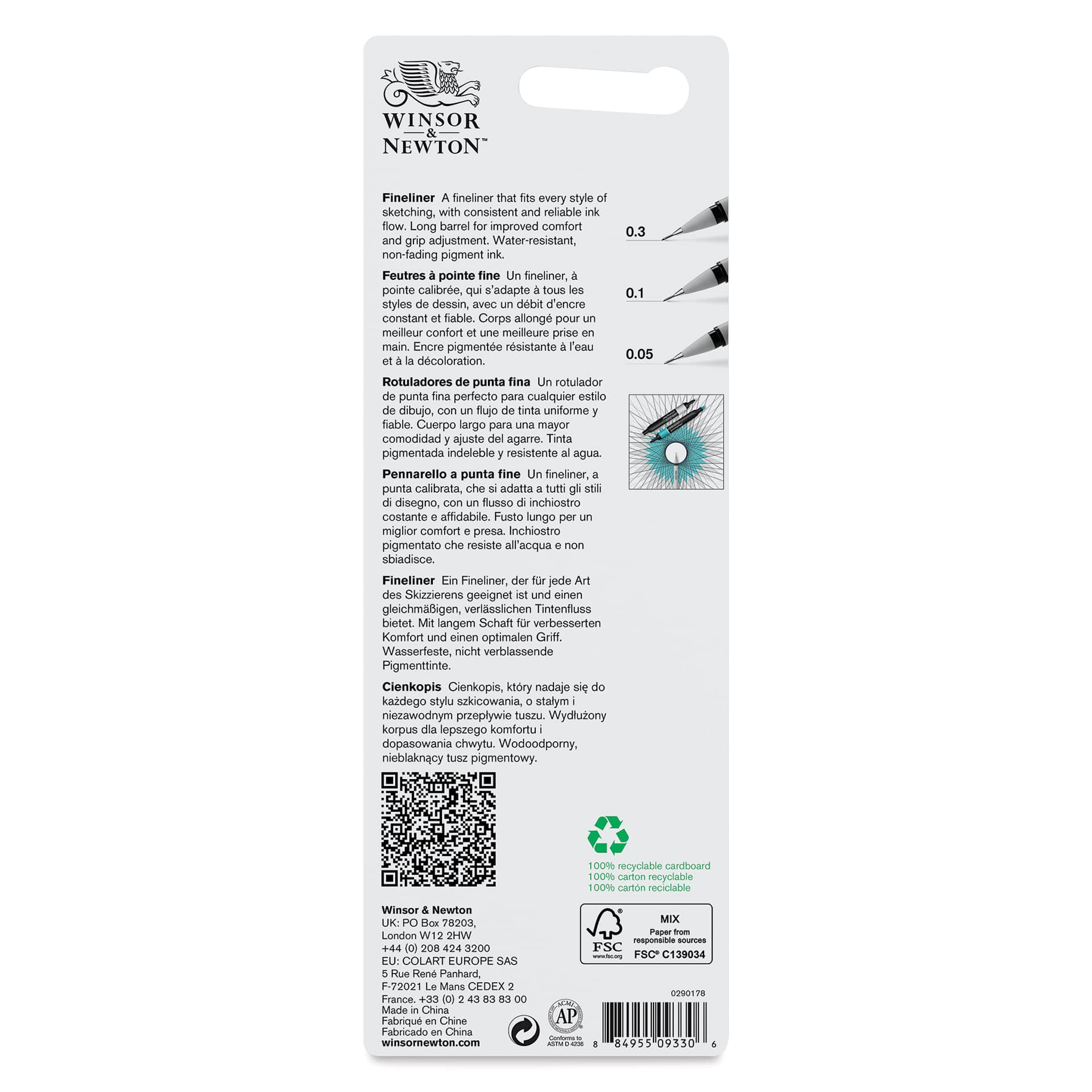 Winsor & Newton Fineliner - Black, Extra Fine, Set of 3, back of the packaging