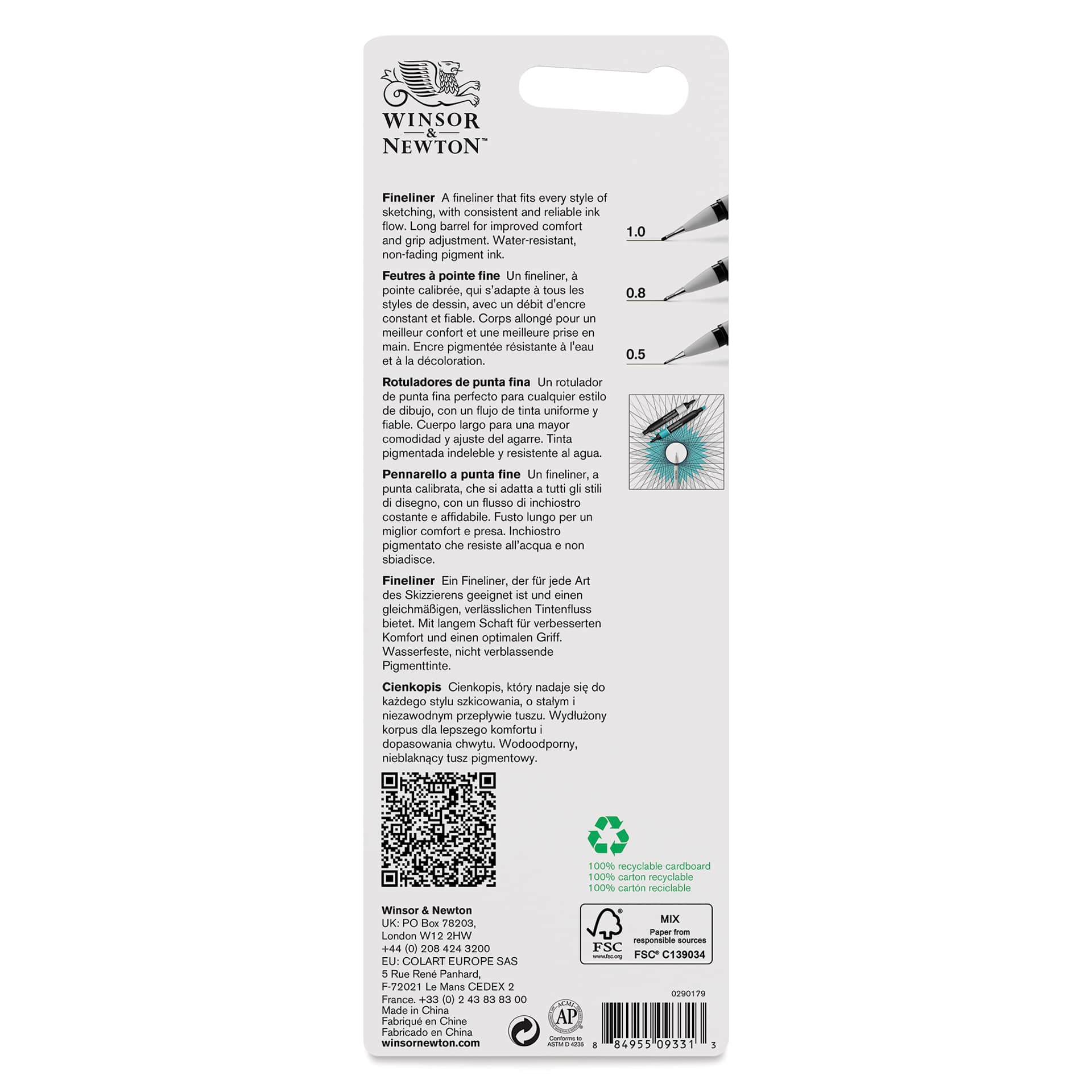 Winsor & Newton Fineliner - Black, Fine, Set of 3, back of the packaging