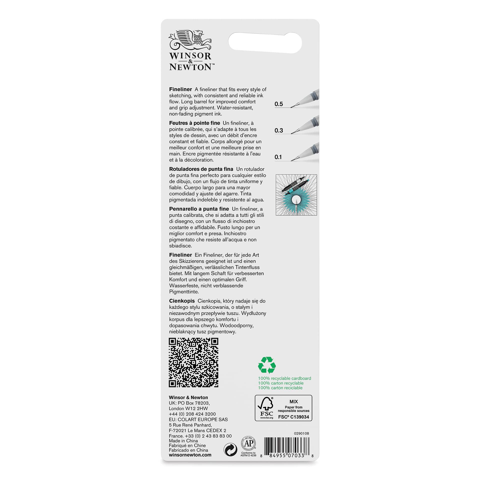 Winsor & Newton Fineliner - Cool Grey, Set of 3, back of the packaging