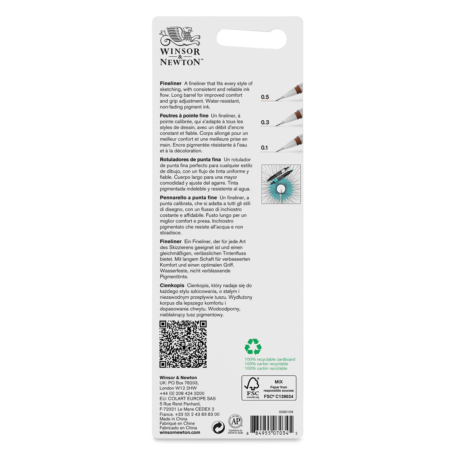 Winsor & Newton Fineliner - Sepia, Set of 3, back of the packaging