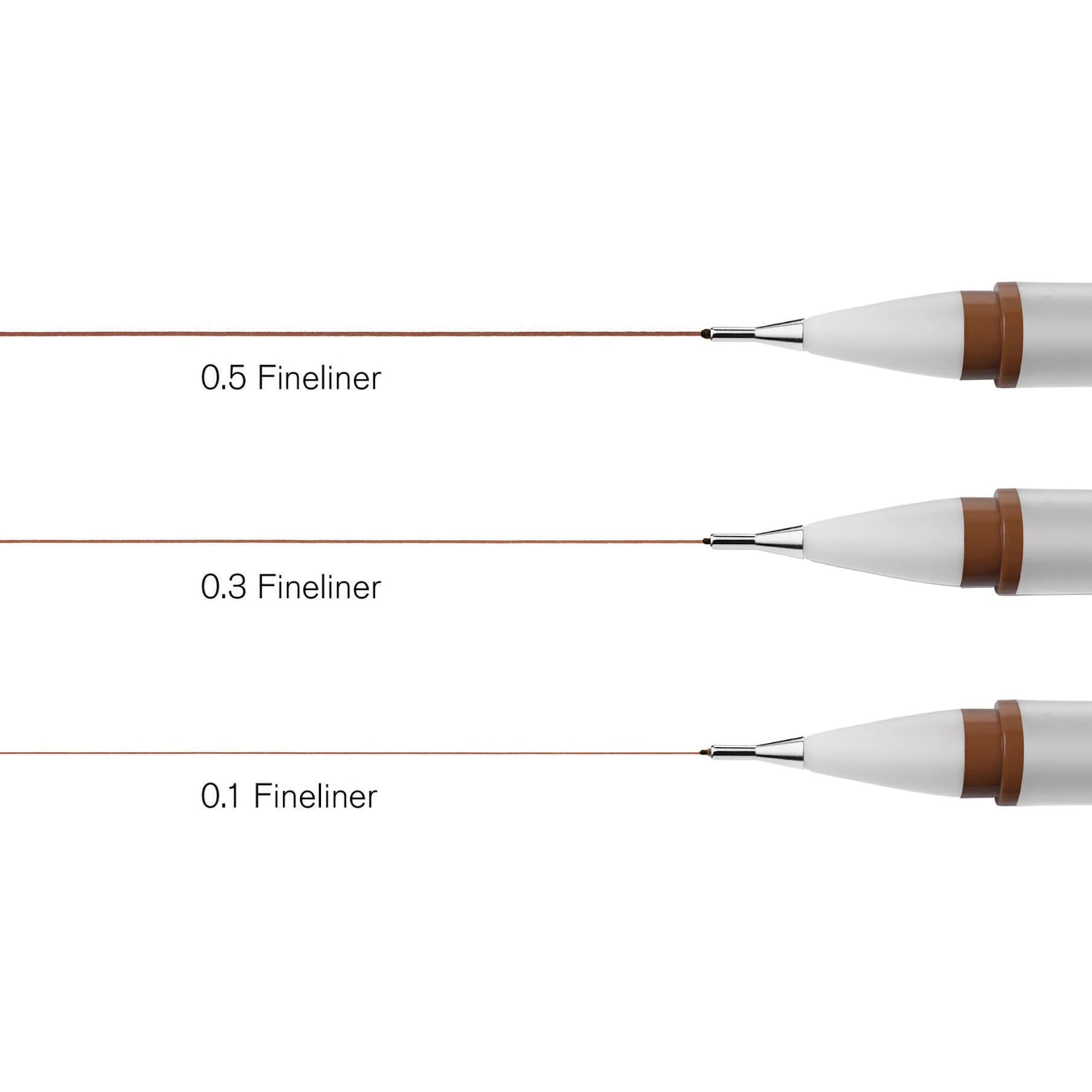 Winsor & Newton Fineliner - Sepia, Set of 3, close-up of the nib sizes