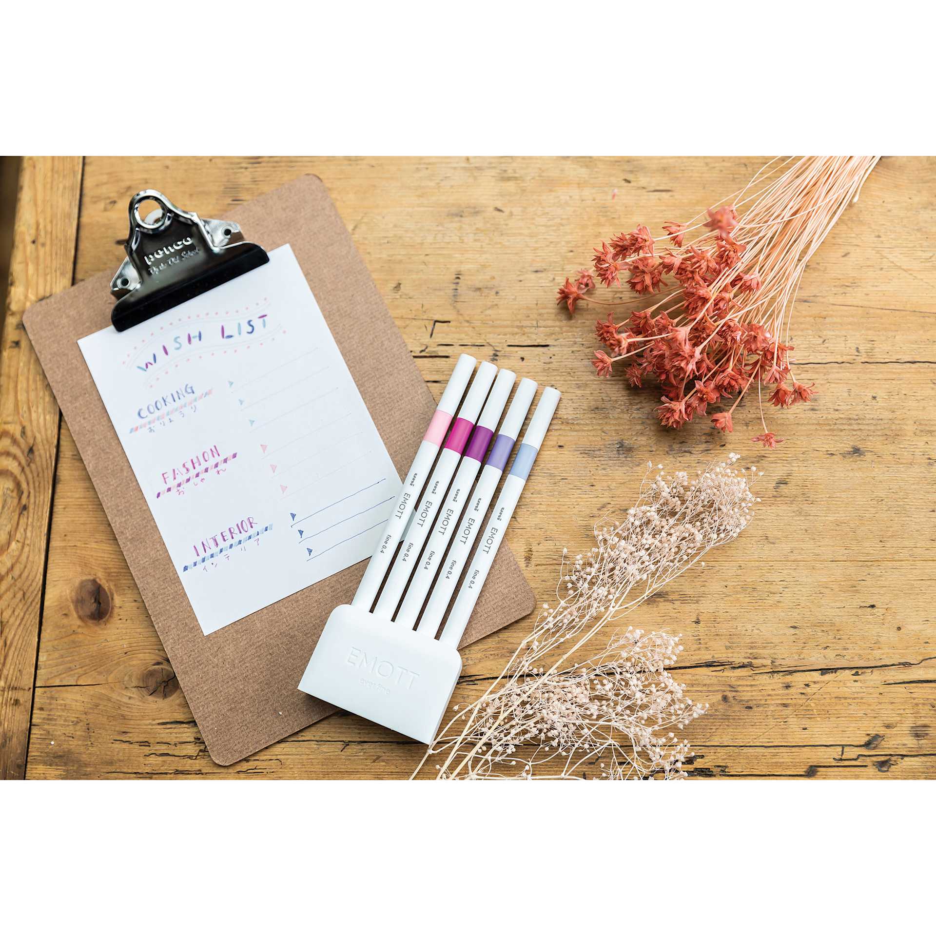 Uni Emott Fineliner - Set of 5, Floral Colors (set with clipboard and flowers)