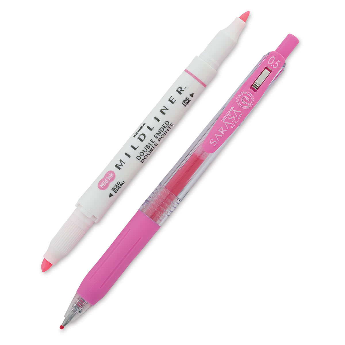Zebra Journaling Set - Pink Retractable Pen and Dual tip Highligher shown at angle
