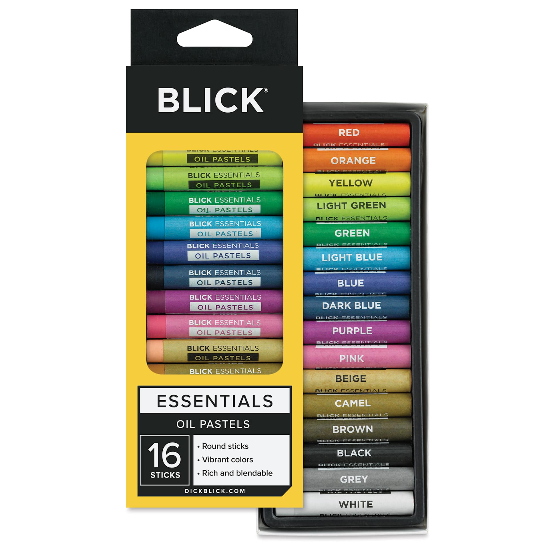 Blick Essentials Oil Pastel Sets - Set of 16, contents in and out of packaging