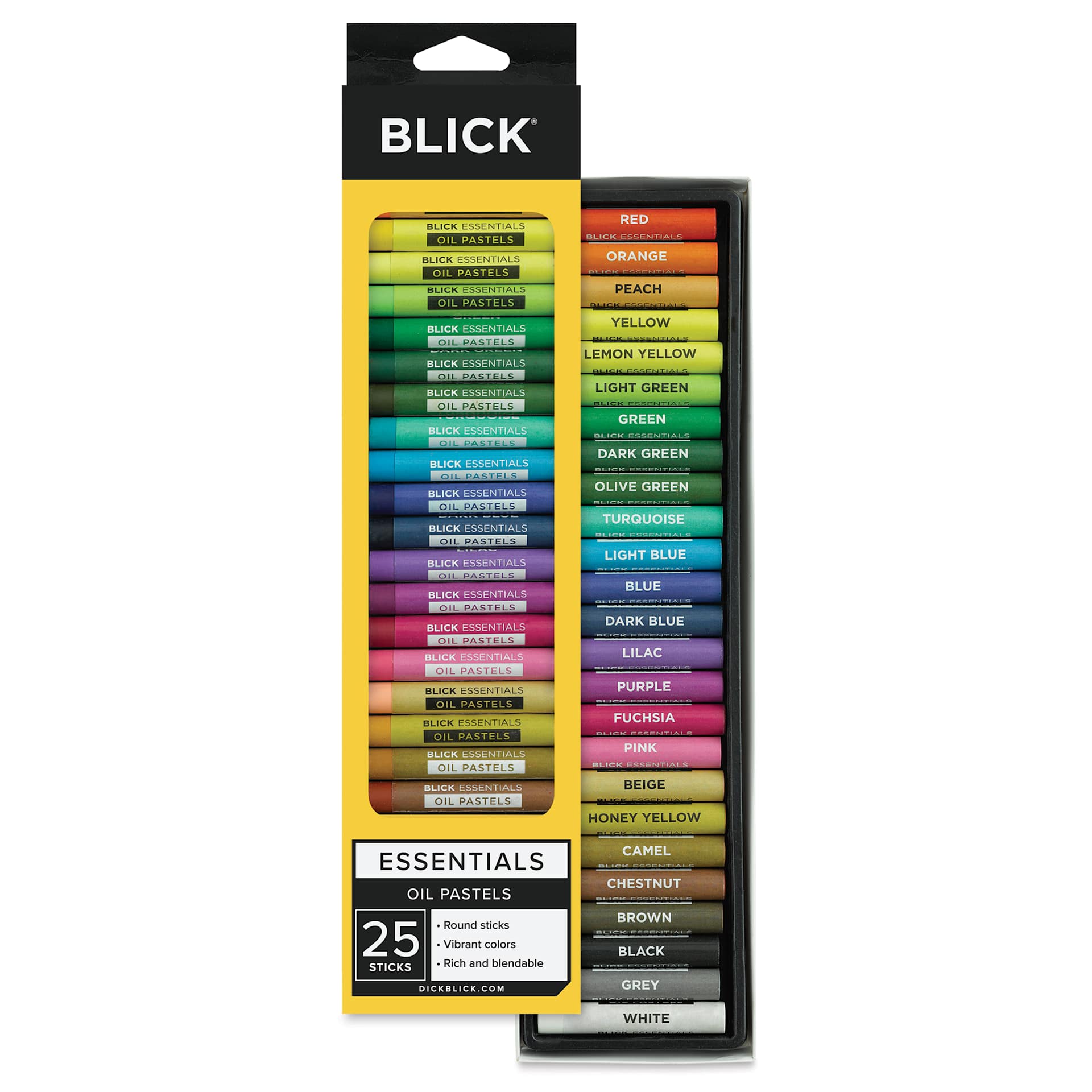 Blick Essentials Oil Pastel Sets - Set of 25, contents in and out of packaging